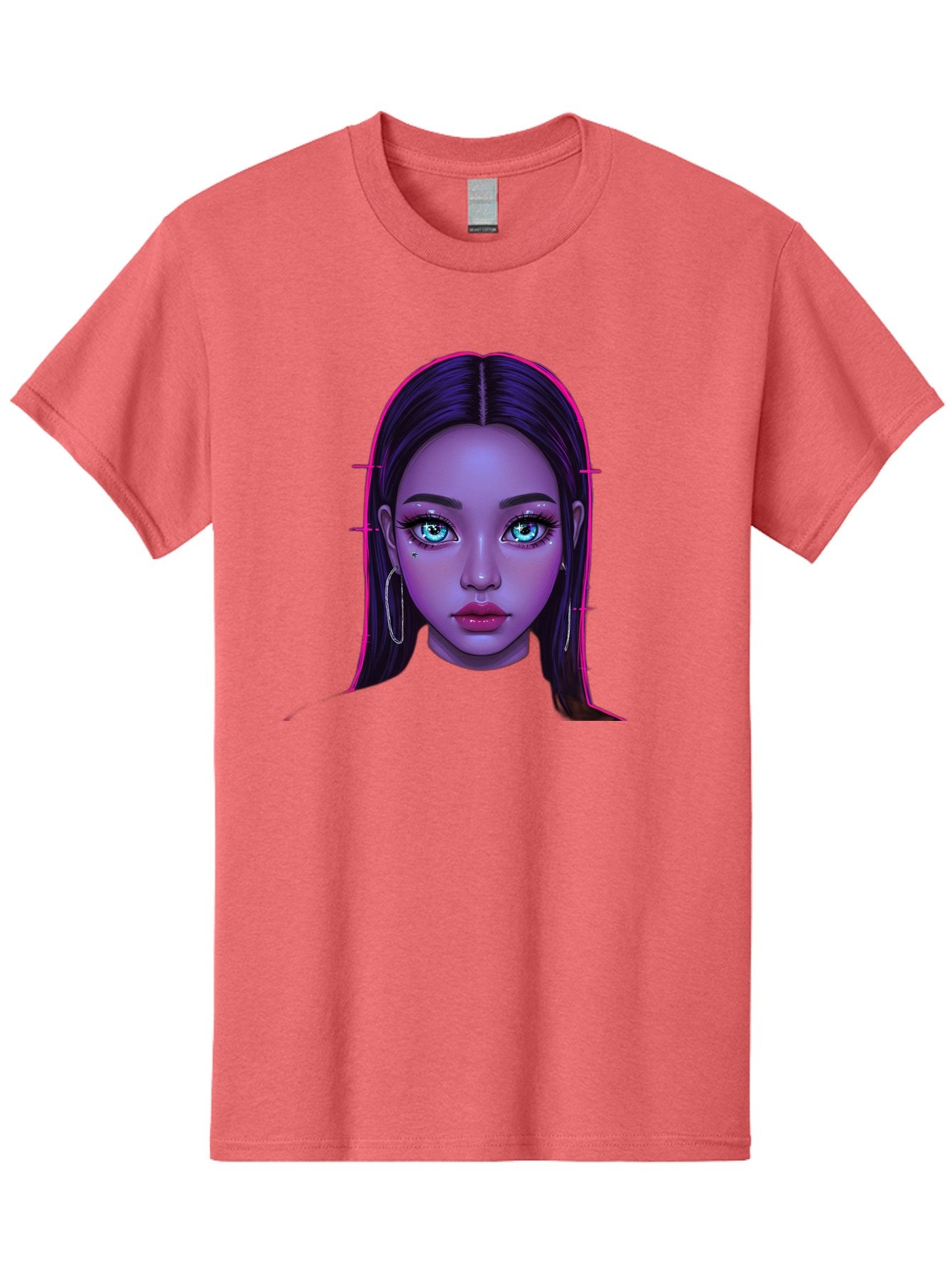 Digital-Art-Portrait Men'S Graphic Tee, 100% Cotton, Comfortable Casual Summer Wear, Machine Washable, Digital Art, Futuristic Beauty, Purple Skin Tone, Blue Eyes, Makeup, Silver Earrings, Long Hair, Straight Hair, 3D Rendering, Modern Style, Bab856