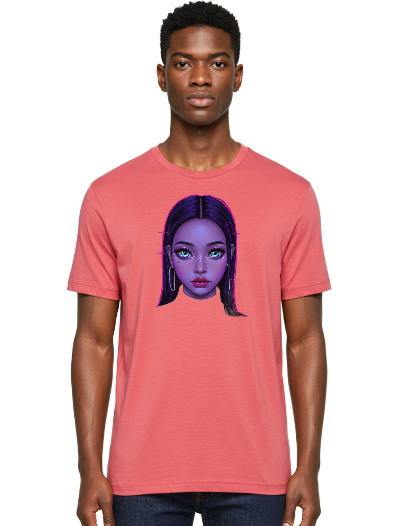 Digital-Art-Portrait Men'S Graphic Tee, 100% Cotton, Comfortable Casual Summer Wear, Machine Washable, Digital Art, Futuristic Beauty, Purple Skin Tone, Blue Eyes, Makeup, Silver Earrings, Long Hair, Straight Hair, 3D Rendering, Modern Style, Bab856 21