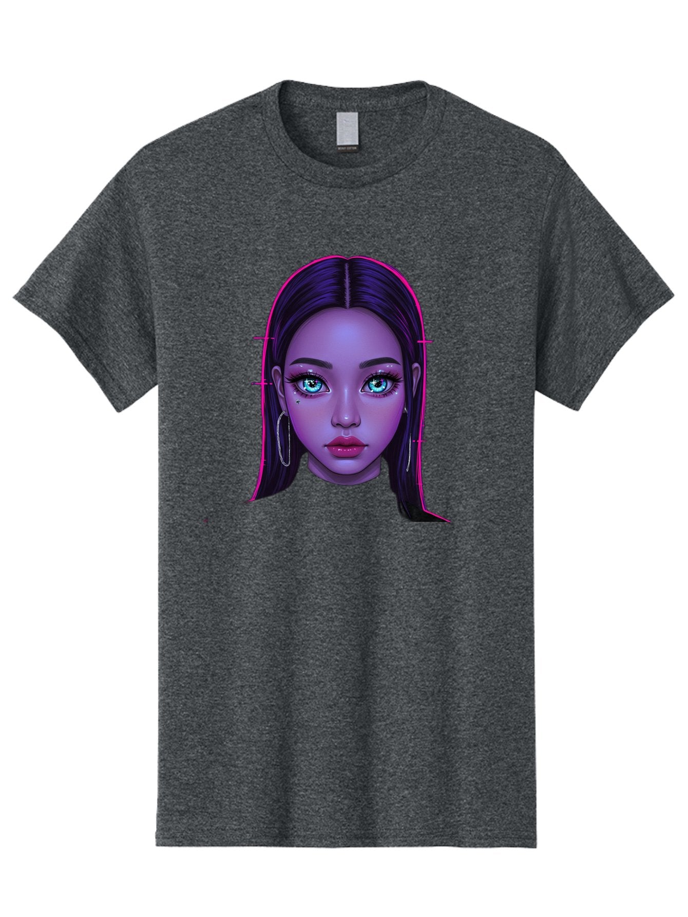 Digital-Art-Portrait Men'S Graphic Tee, 100% Cotton, Comfortable Casual Summer Wear, Machine Washable, Digital Art, Futuristic Beauty, Purple Skin Tone, Blue Eyes, Makeup, Silver Earrings, Long Hair, Straight Hair, 3D Rendering, Modern Style, Bab856 10