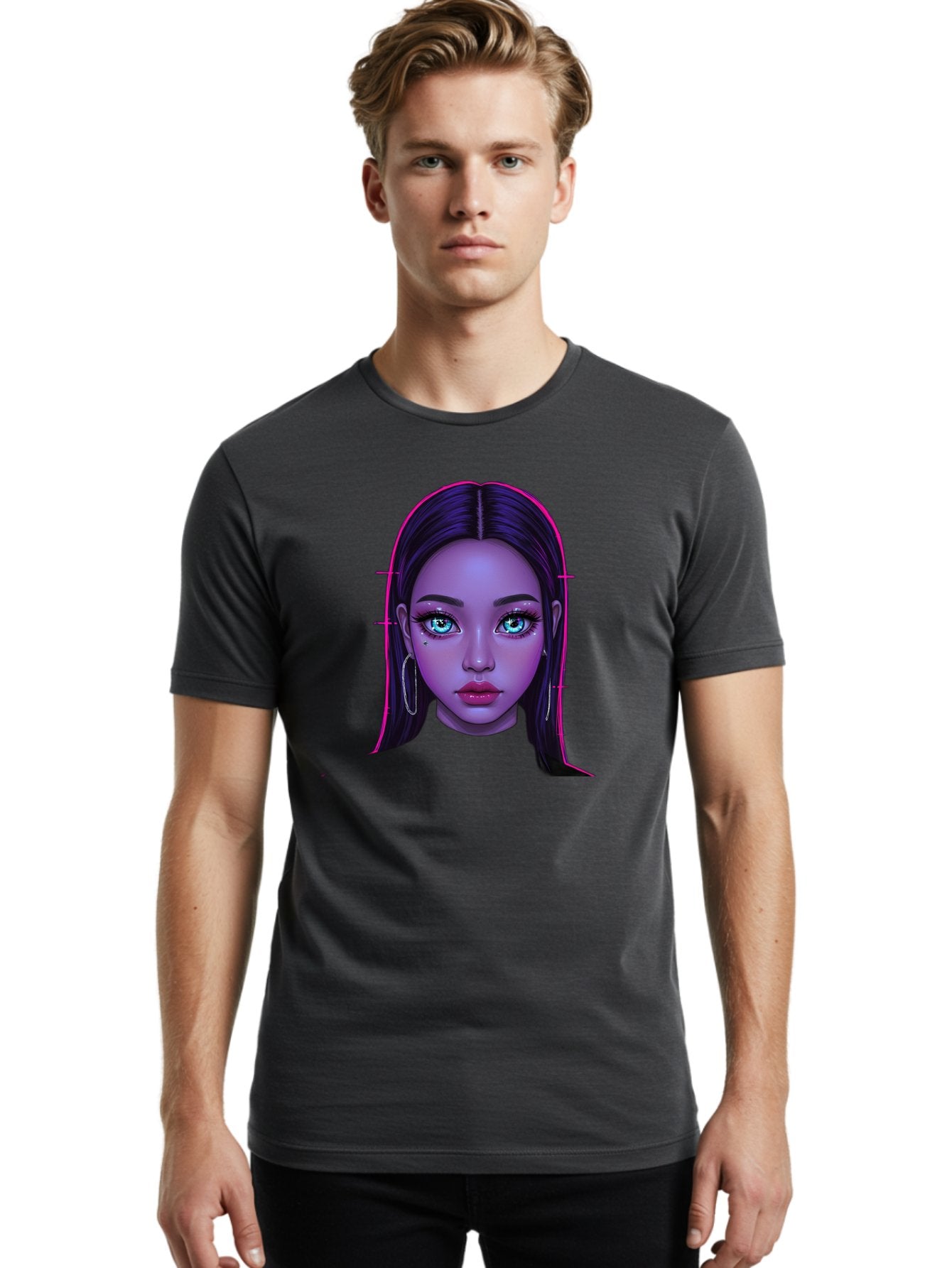 Digital-Art-Portrait Men'S Graphic Tee, 100% Cotton, Comfortable Casual Summer Wear, Machine Washable, Digital Art, Futuristic Beauty, Purple Skin Tone, Blue Eyes, Makeup, Silver Earrings, Long Hair, Straight Hair, 3D Rendering, Modern Style, Bab856 17