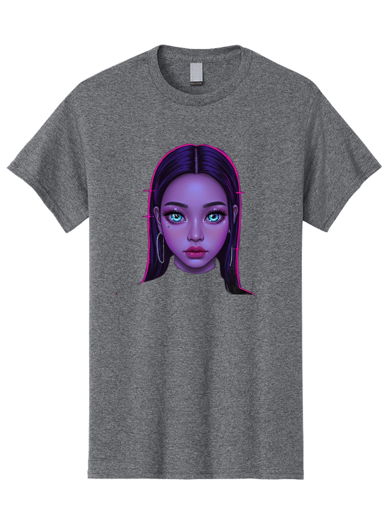 Digital-Art-Portrait Men'S Graphic Tee, 100% Cotton, Comfortable Casual Summer Wear, Machine Washable, Digital Art, Futuristic Beauty, Purple Skin Tone, Blue Eyes, Makeup, Silver Earrings, Long Hair, Straight Hair, 3D Rendering, Modern Style, Bab856 8
