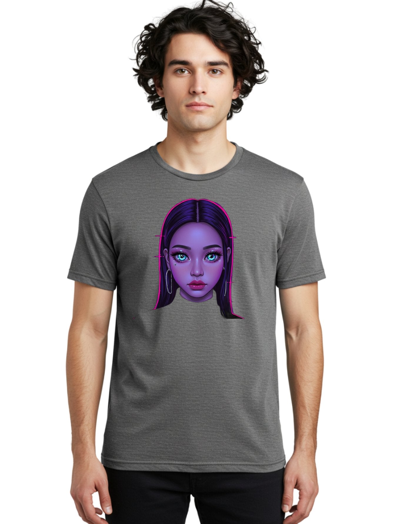 Digital-Art-Portrait Men'S Graphic Tee, 100% Cotton, Comfortable Casual Summer Wear, Machine Washable, Digital Art, Futuristic Beauty, Purple Skin Tone, Blue Eyes, Makeup, Silver Earrings, Long Hair, Straight Hair, 3D Rendering, Modern Style, Bab856 25