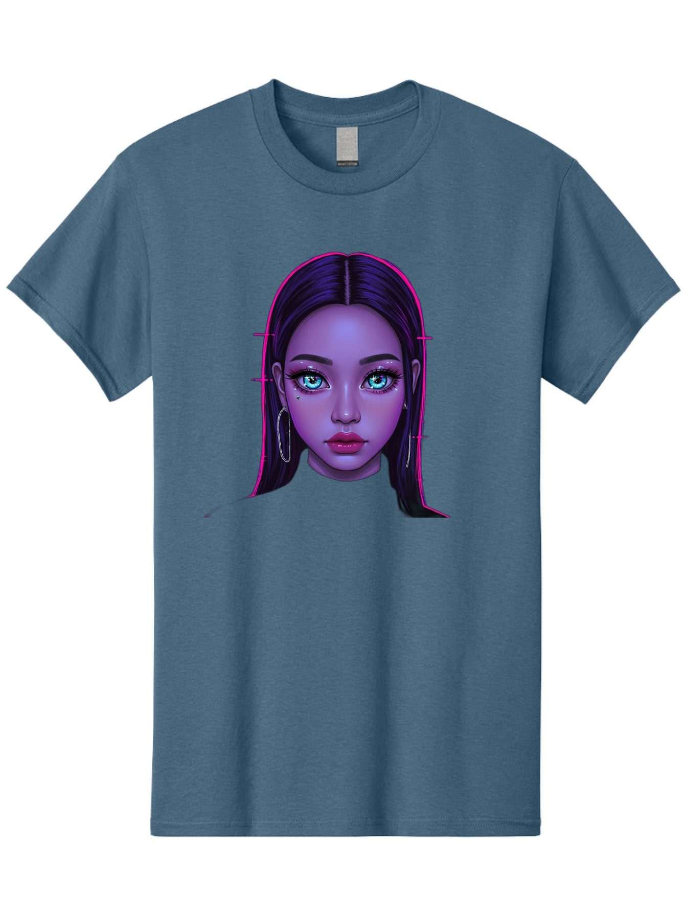 Digital-Art-Portrait Men'S Graphic Tee, 100% Cotton, Comfortable Casual Summer Wear, Machine Washable, Digital Art, Futuristic Beauty, Purple Skin Tone, Blue Eyes, Makeup, Silver Earrings, Long Hair, Straight Hair, 3D Rendering, Modern Style, Bab856 3