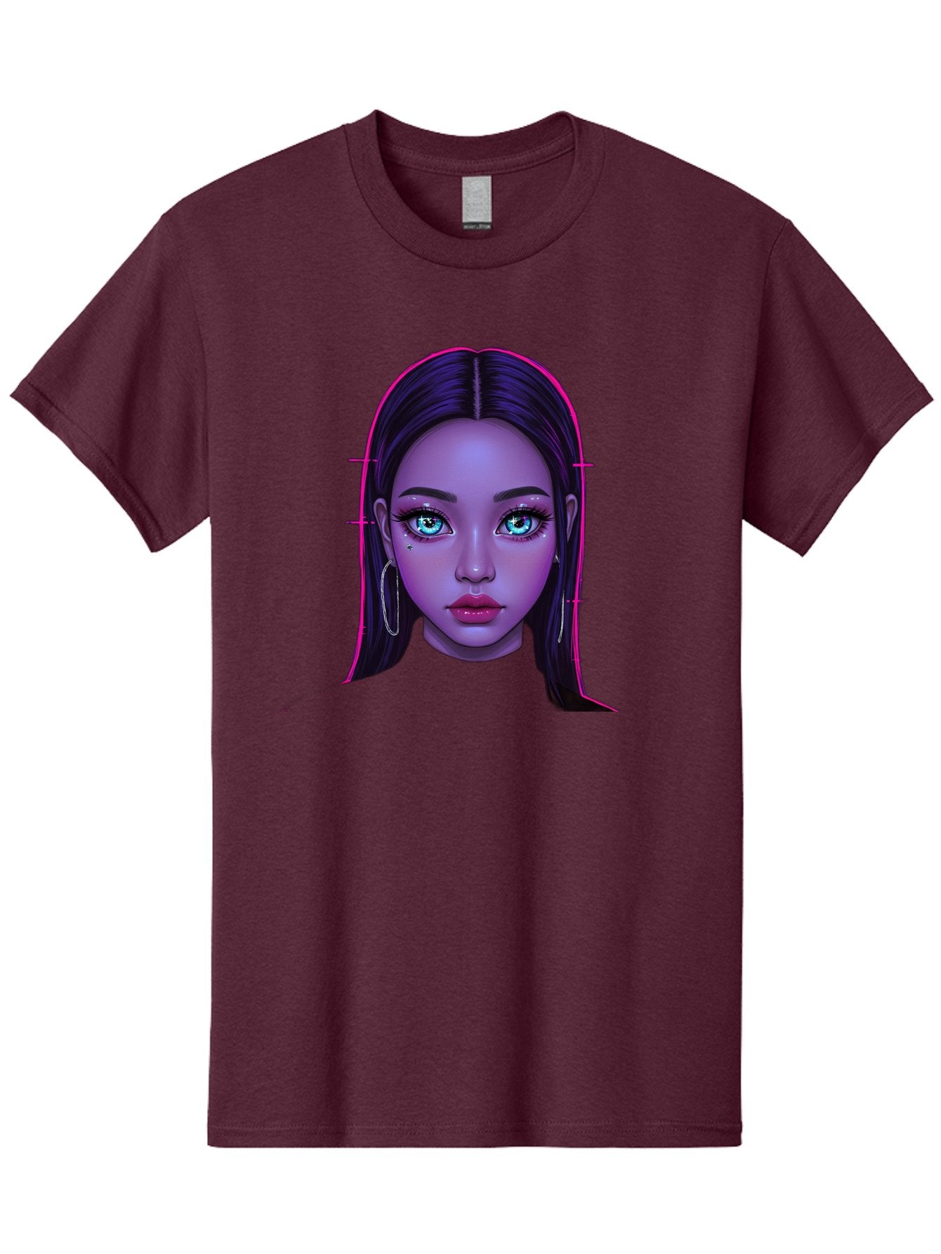 Digital-Art-Portrait Men'S Graphic Tee, 100% Cotton, Comfortable Casual Summer Wear, Machine Washable, Digital Art, Futuristic Beauty, Purple Skin Tone, Blue Eyes, Makeup, Silver Earrings, Long Hair, Straight Hair, 3D Rendering, Modern Style, Bab856 4
