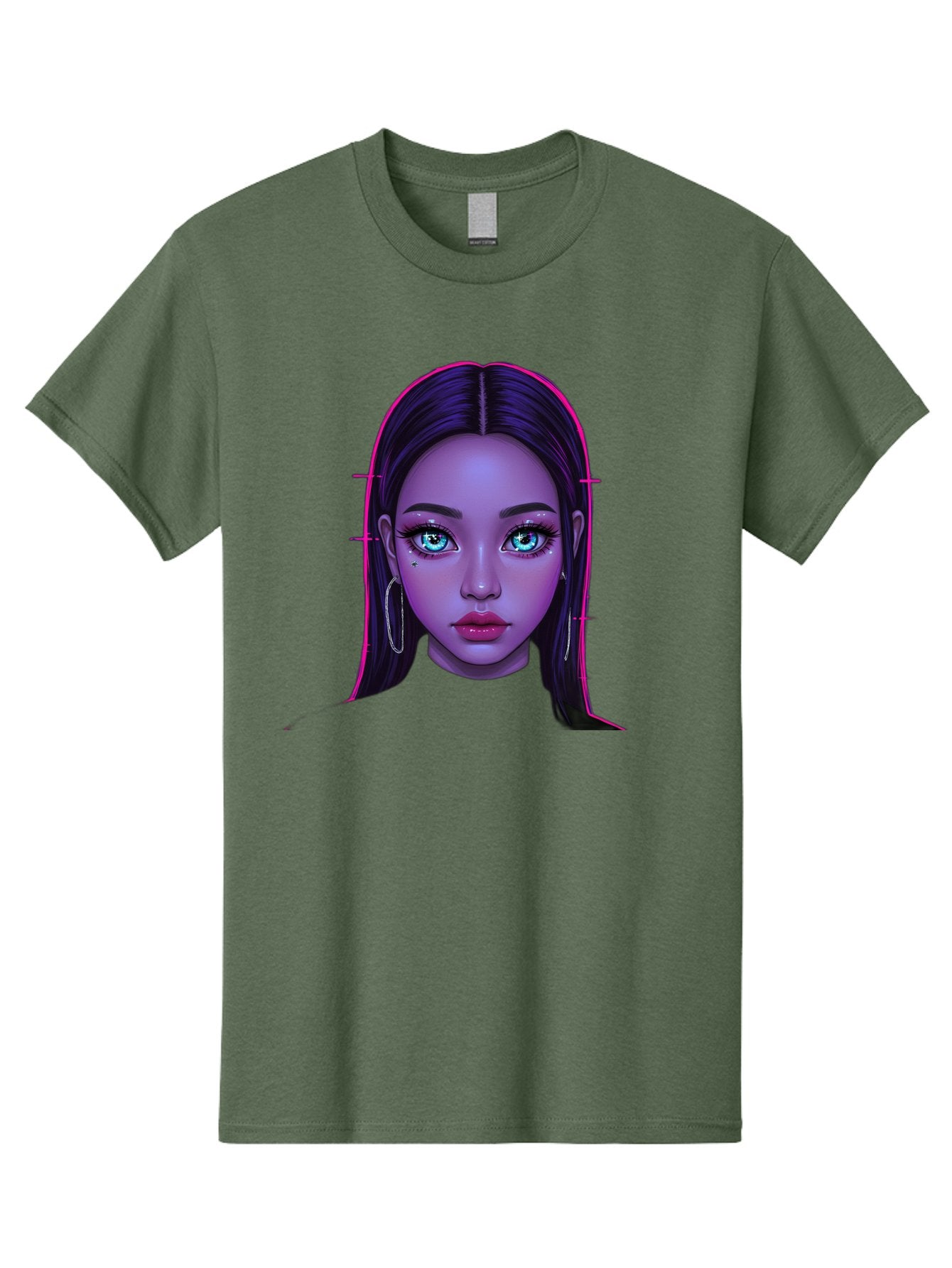 Digital-Art-Portrait Men'S Graphic Tee, 100% Cotton, Comfortable Casual Summer Wear, Machine Washable, Digital Art, Futuristic Beauty, Purple Skin Tone, Blue Eyes, Makeup, Silver Earrings, Long Hair, Straight Hair, 3D Rendering, Modern Style, Bab856 12