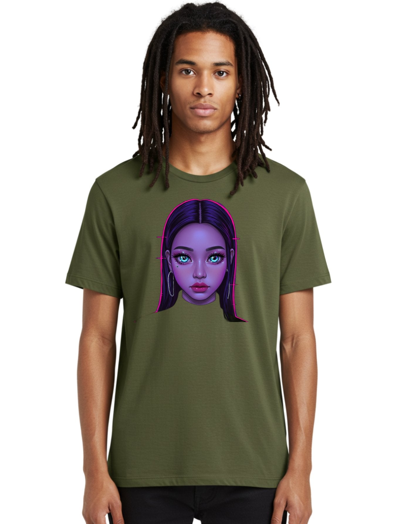 Digital-Art-Portrait Men'S Graphic Tee, 100% Cotton, Comfortable Casual Summer Wear, Machine Washable, Digital Art, Futuristic Beauty, Purple Skin Tone, Blue Eyes, Makeup, Silver Earrings, Long Hair, Straight Hair, 3D Rendering, Modern Style, Bab856 28