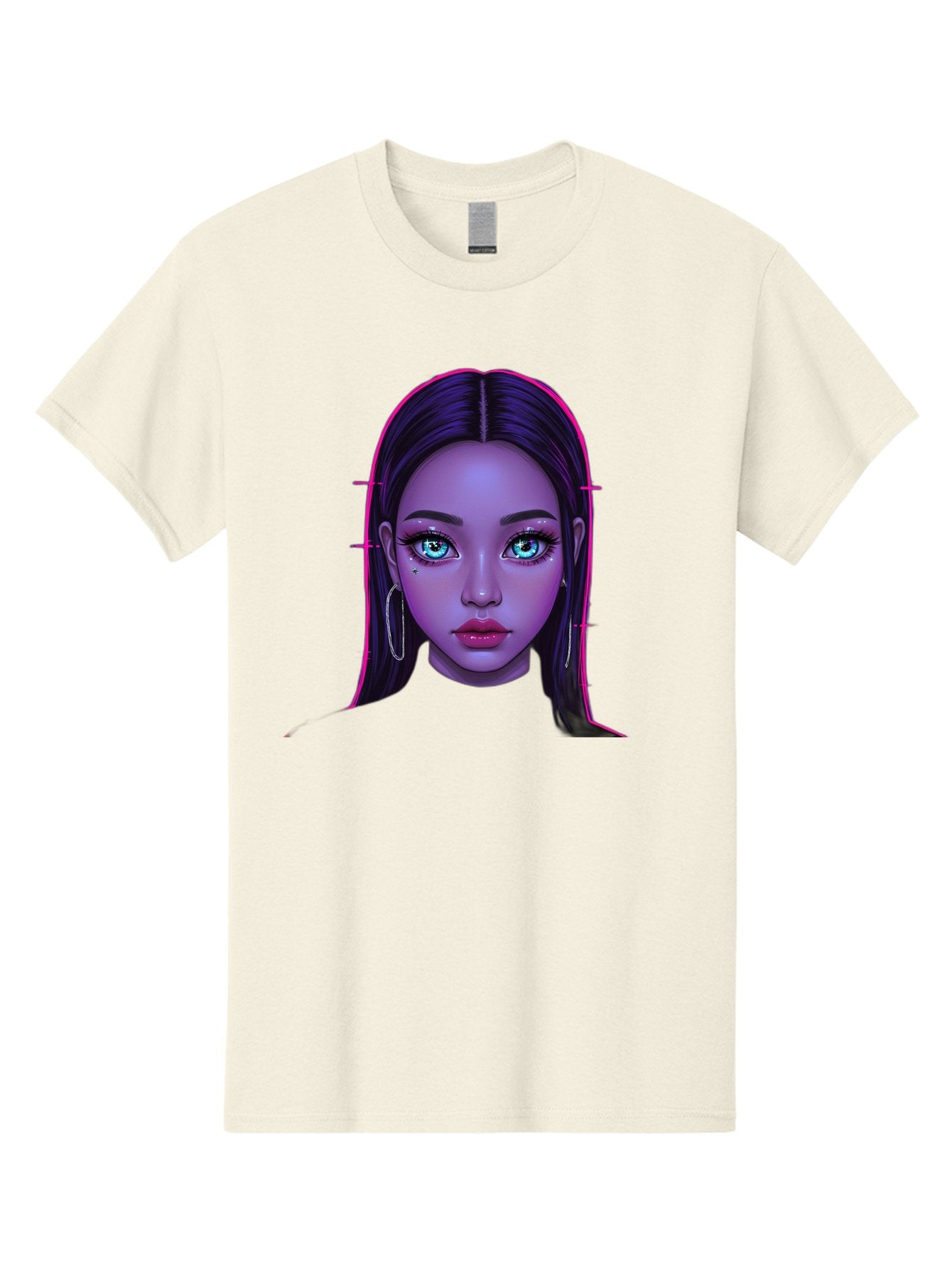 Digital-Art-Portrait Men'S Graphic Tee, 100% Cotton, Comfortable Casual Summer Wear, Machine Washable, Digital Art, Futuristic Beauty, Purple Skin Tone, Blue Eyes, Makeup, Silver Earrings, Long Hair, Straight Hair, 3D Rendering, Modern Style, Bab856 14