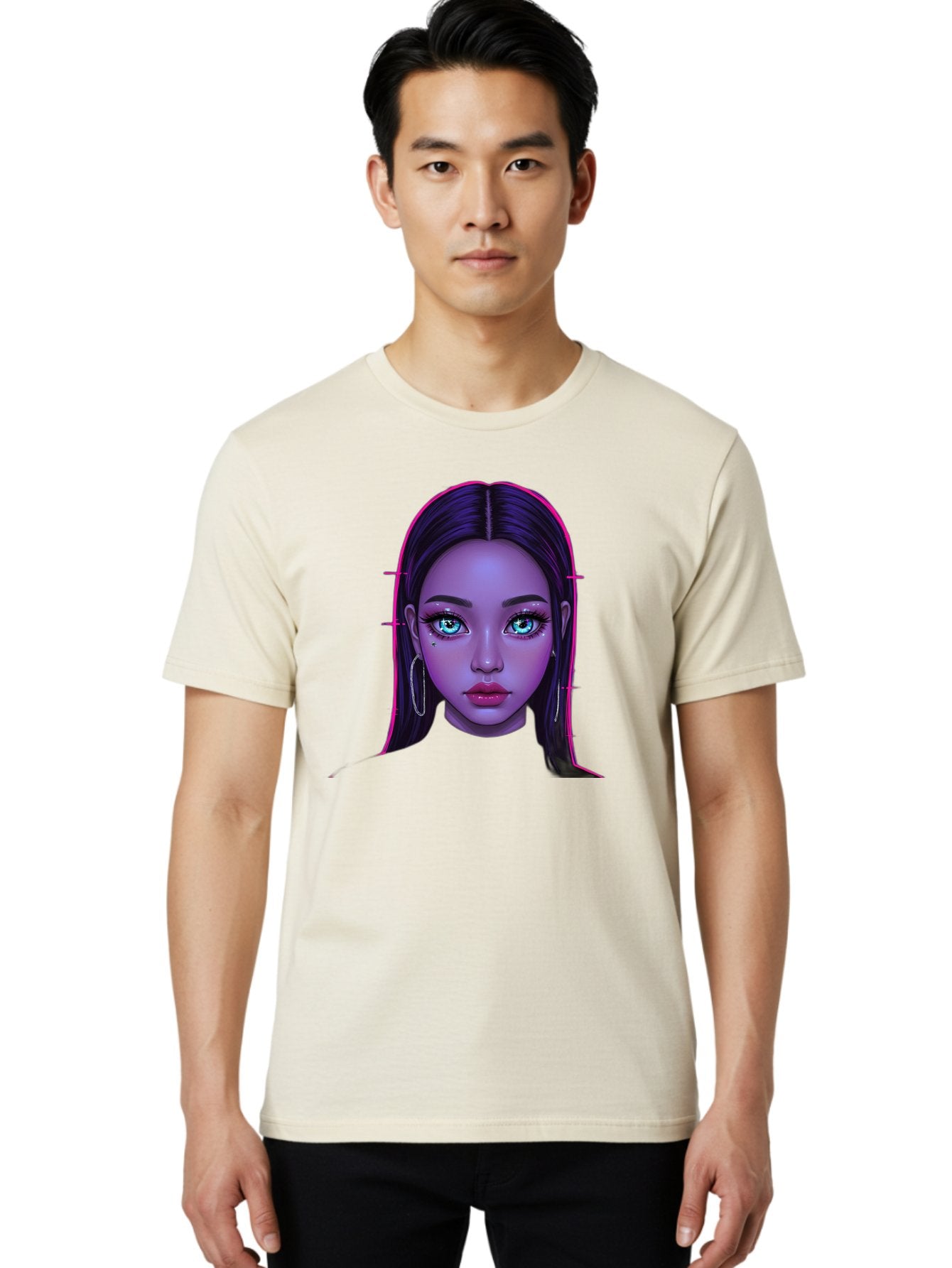 Digital-Art-Portrait Men'S Graphic Tee, 100% Cotton, Comfortable Casual Summer Wear, Machine Washable, Digital Art, Futuristic Beauty, Purple Skin Tone, Blue Eyes, Makeup, Silver Earrings, Long Hair, Straight Hair, 3D Rendering, Modern Style, Bab856 29