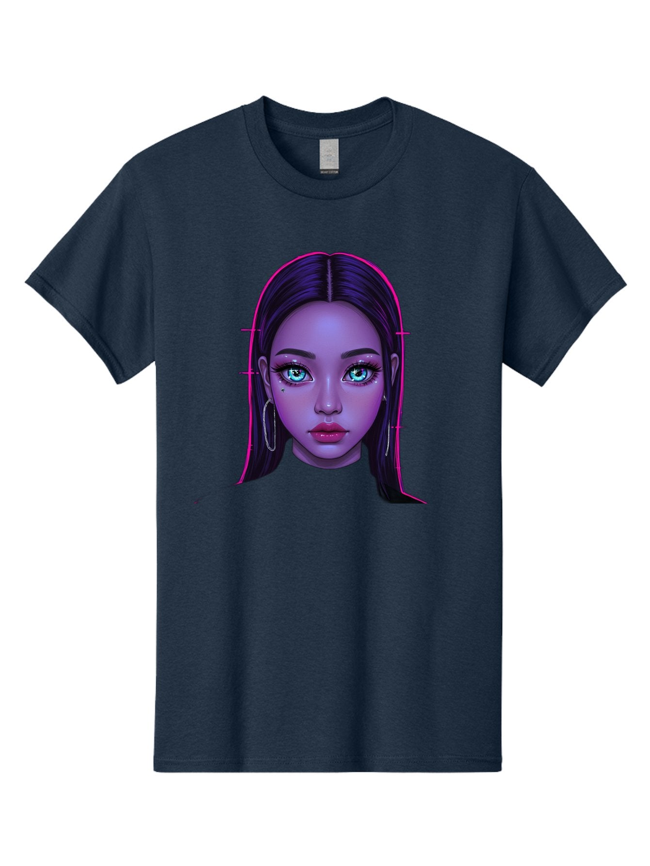 Digital-Art-Portrait Men'S Graphic Tee, 100% Cotton, Comfortable Casual Summer Wear, Machine Washable, Digital Art, Futuristic Beauty, Purple Skin Tone, Blue Eyes, Makeup, Silver Earrings, Long Hair, Straight Hair, 3D Rendering, Modern Style, Bab856 9