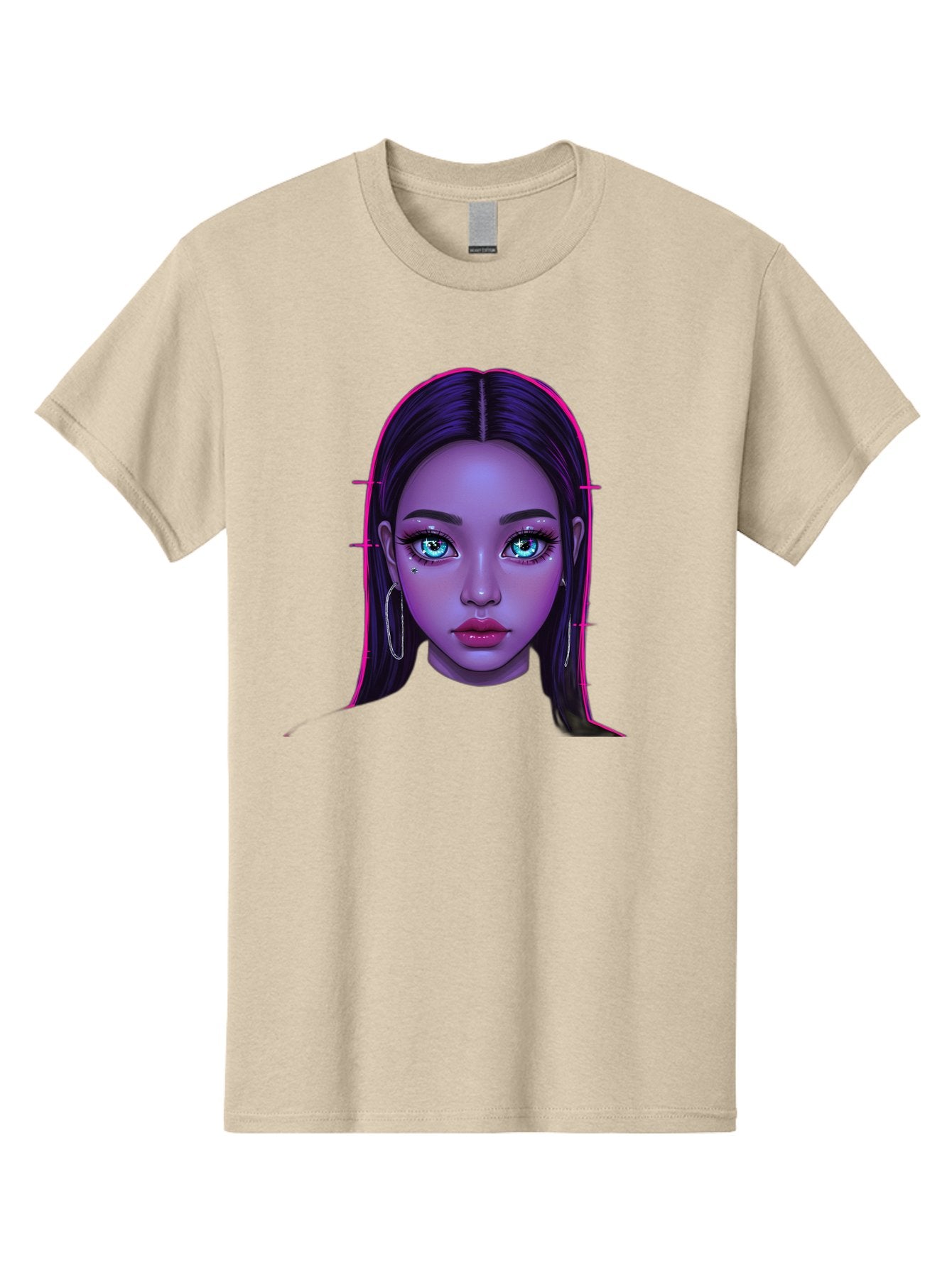 Digital-Art-Portrait Men'S Graphic Tee, 100% Cotton, Comfortable Casual Summer Wear, Machine Washable, Digital Art, Futuristic Beauty, Purple Skin Tone, Blue Eyes, Makeup, Silver Earrings, Long Hair, Straight Hair, 3D Rendering, Modern Style, Bab856 6