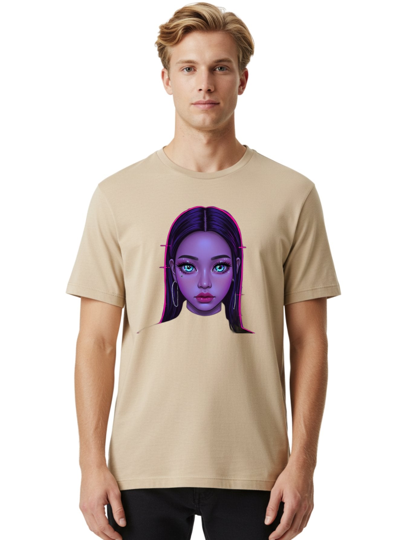 Digital-Art-Portrait Men'S Graphic Tee, 100% Cotton, Comfortable Casual Summer Wear, Machine Washable, Digital Art, Futuristic Beauty, Purple Skin Tone, Blue Eyes, Makeup, Silver Earrings, Long Hair, Straight Hair, 3D Rendering, Modern Style, Bab856 24