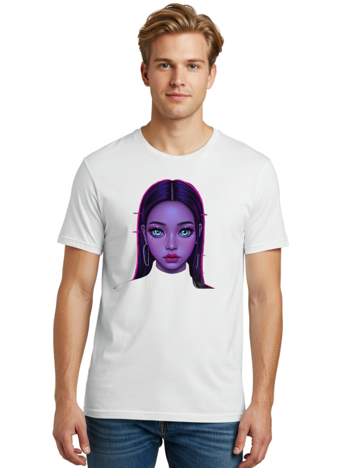Digital-Art-Portrait Men'S Graphic Tee, 100% Cotton, Comfortable Casual Summer Wear, Machine Washable, Digital Art, Futuristic Beauty, Purple Skin Tone, Blue Eyes, Makeup, Silver Earrings, Long Hair, Straight Hair, 3D Rendering, Modern Style, Bab856 19