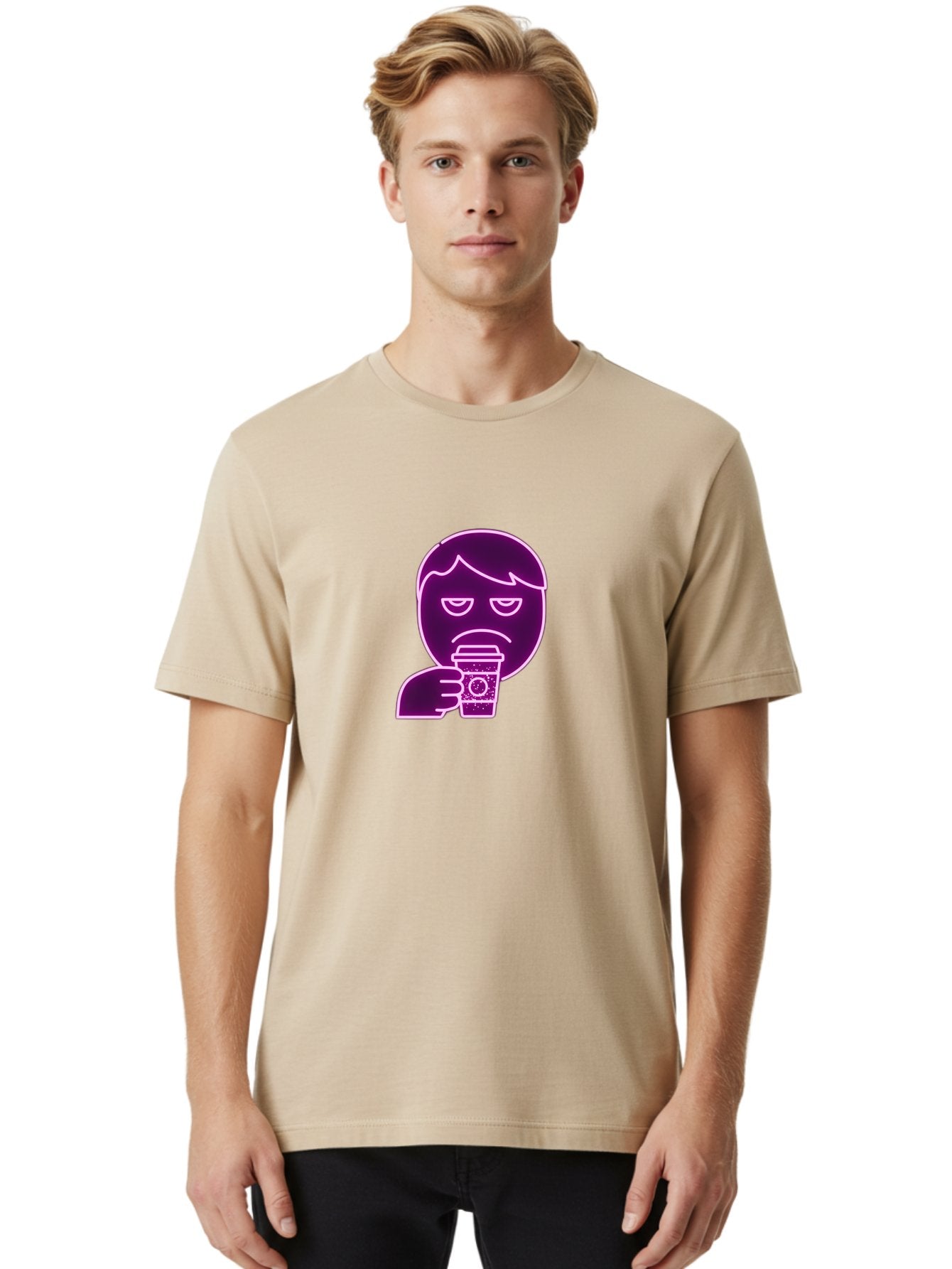 Disappointed-Coffee-Drinker Men'S Graphic Tee, 100% Cotton, Comfortable Casual Summer Wear, Machine Washable, Unhappy Person, Drinking Coffee, Sad Face, Frowning, Coffee Cup, Purple Illustration, Cartoon Character, Coffee Lover, Bab857 18