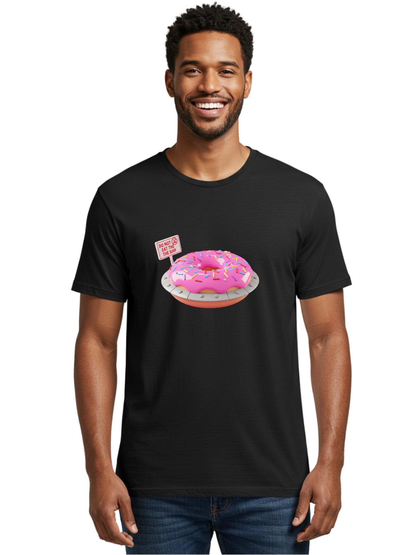 Do-Not-Eat-The-Ship-Donut Men'S Graphic Tee, 100% Cotton, Comfortable Casual Summer Wear, Machine Washable, Pink Donut With Sprinkles, Pastel Colors, Whimsical Humor, Funny Warning Sign, Playful Treat, Sweet Temptation, Pink Icing, Bab859 16