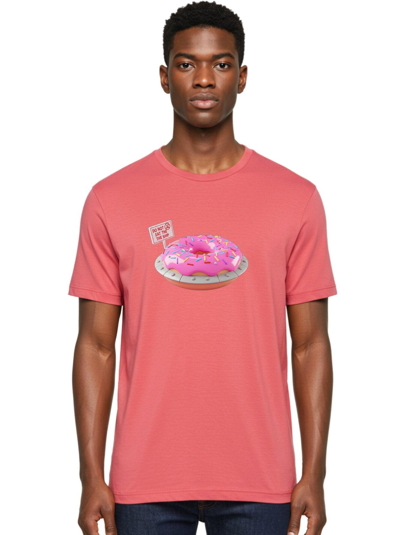 Do-Not-Eat-The-Ship-Donut Men'S Graphic Tee, 100% Cotton, Comfortable Casual Summer Wear, Machine Washable, Pink Donut With Sprinkles, Pastel Colors, Whimsical Humor, Funny Warning Sign, Playful Treat, Sweet Temptation, Pink Icing, Bab859 18