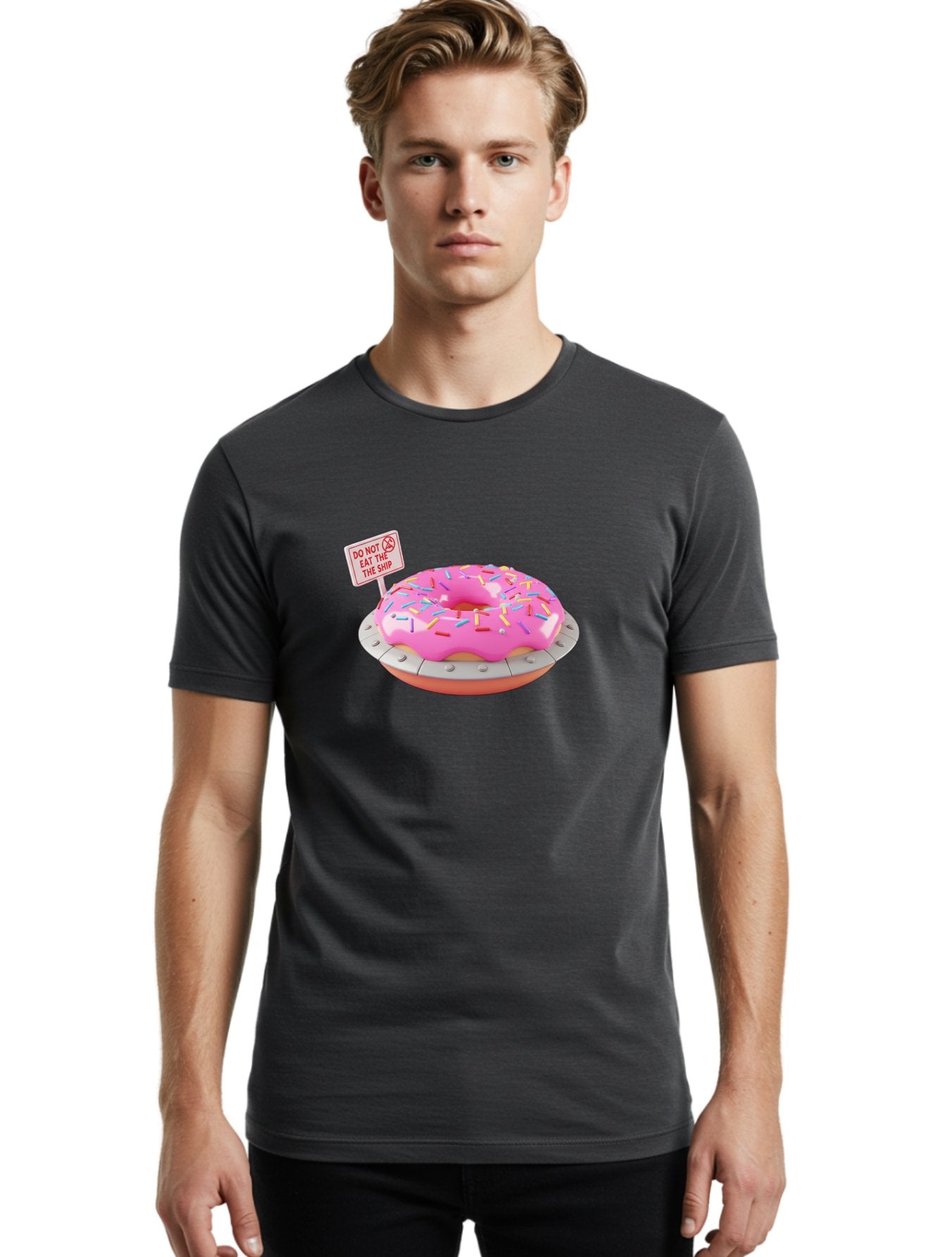 Do-Not-Eat-The-Ship-Donut Men'S Graphic Tee, 100% Cotton, Comfortable Casual Summer Wear, Machine Washable, Pink Donut With Sprinkles, Pastel Colors, Whimsical Humor, Funny Warning Sign, Playful Treat, Sweet Temptation, Pink Icing, Bab859 30