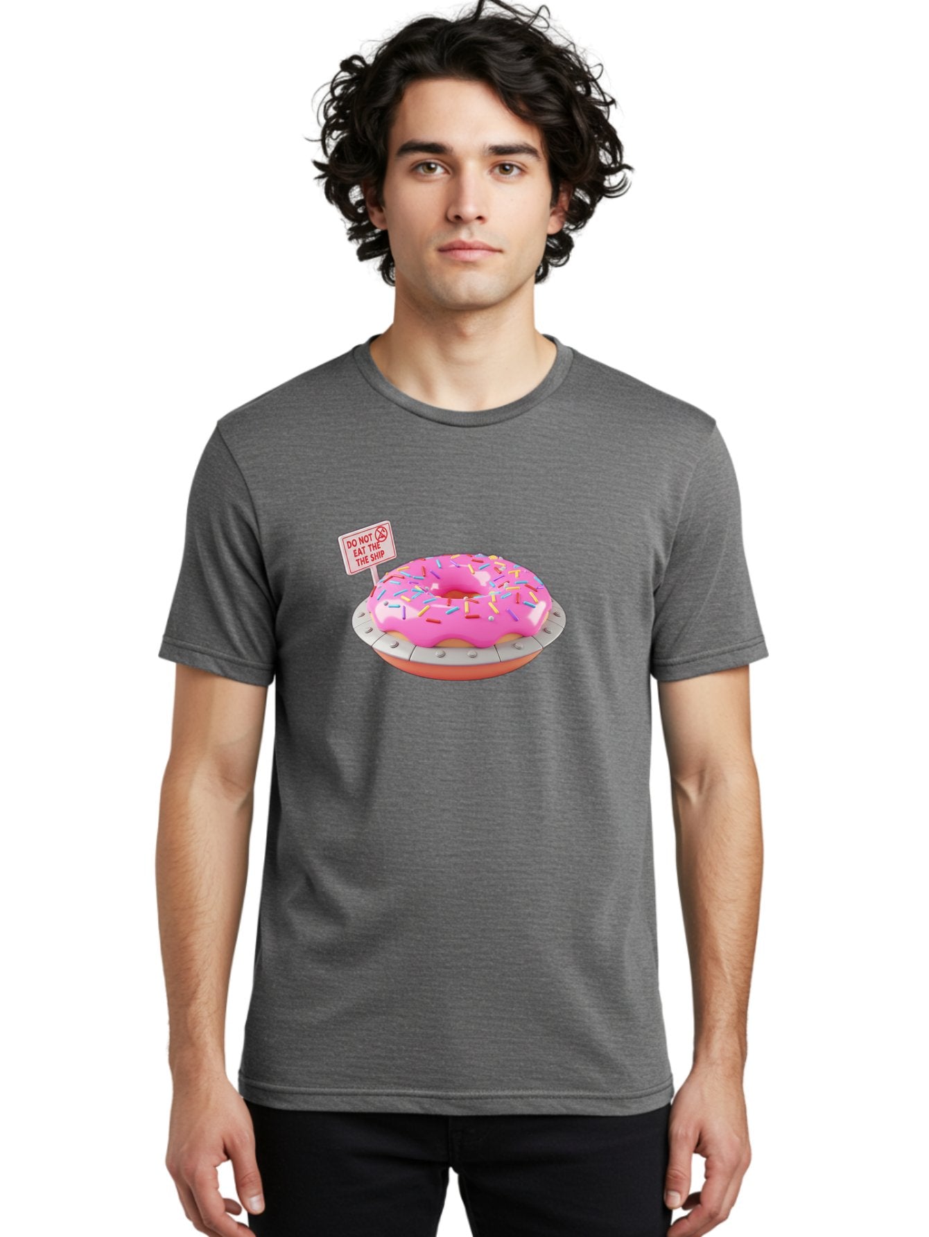Do-Not-Eat-The-Ship-Donut Men'S Graphic Tee, 100% Cotton, Comfortable Casual Summer Wear, Machine Washable, Pink Donut With Sprinkles, Pastel Colors, Whimsical Humor, Funny Warning Sign, Playful Treat, Sweet Temptation, Pink Icing, Bab859 20