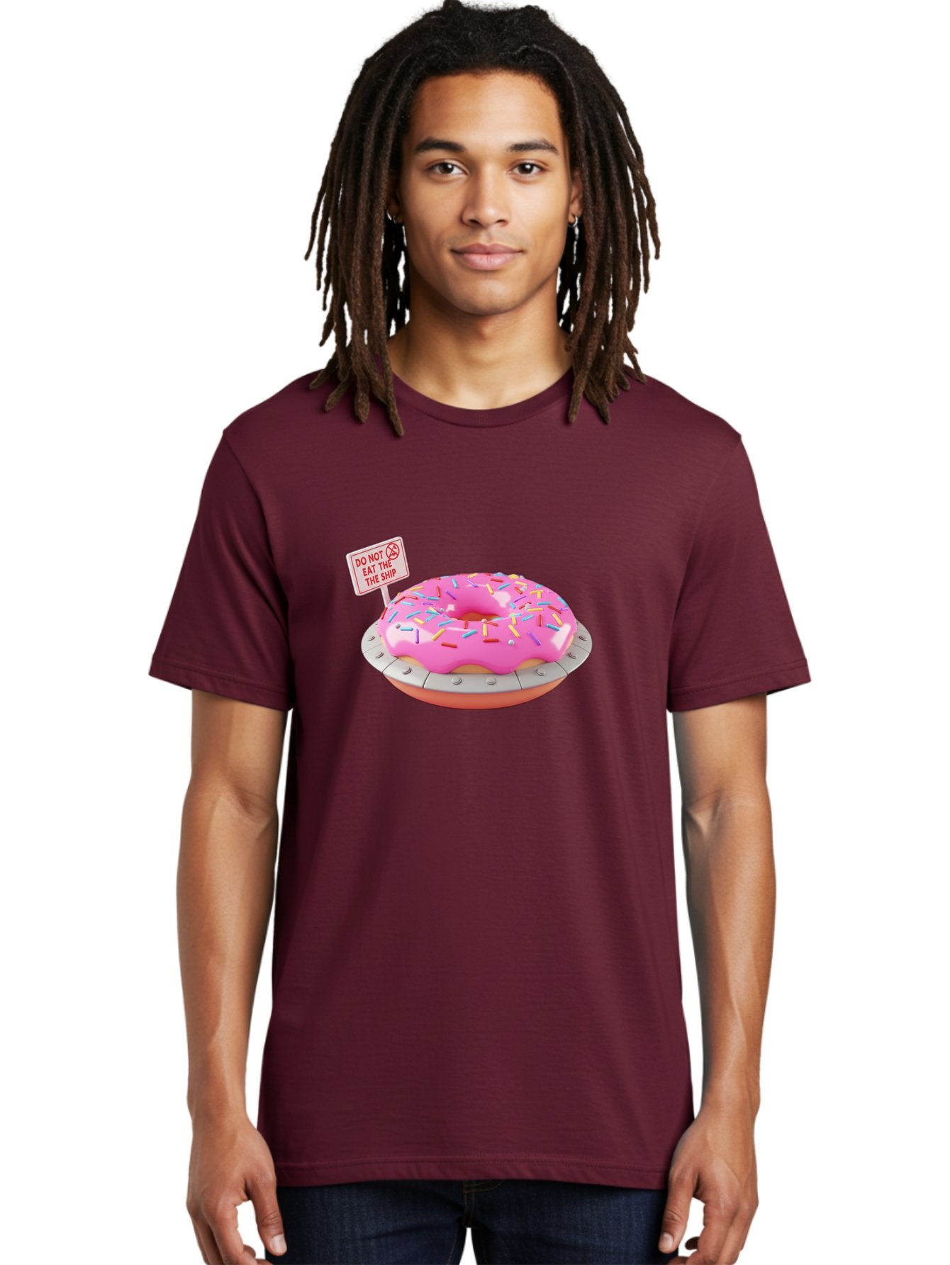 Do-Not-Eat-The-Ship-Donut Men'S Graphic Tee, 100% Cotton, Comfortable Casual Summer Wear, Machine Washable, Pink Donut With Sprinkles, Pastel Colors, Whimsical Humor, Funny Warning Sign, Playful Treat, Sweet Temptation, Pink Icing, Bab859 17