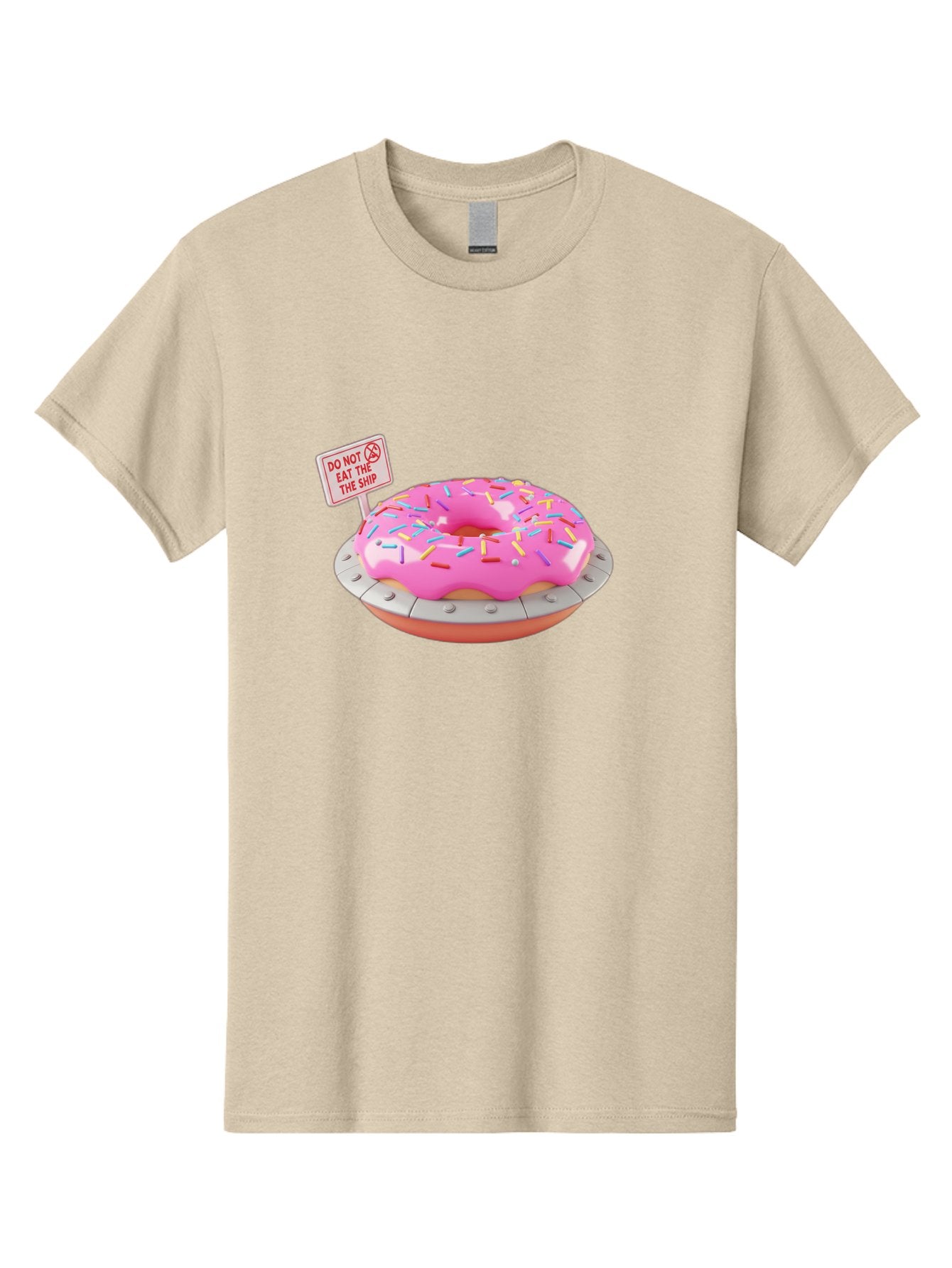 Do-Not-Eat-The-Ship-Donut Men'S Graphic Tee, 100% Cotton, Comfortable Casual Summer Wear, Machine Washable, Pink Donut With Sprinkles, Pastel Colors, Whimsical Humor, Funny Warning Sign, Playful Treat, Sweet Temptation, Pink Icing, Bab859