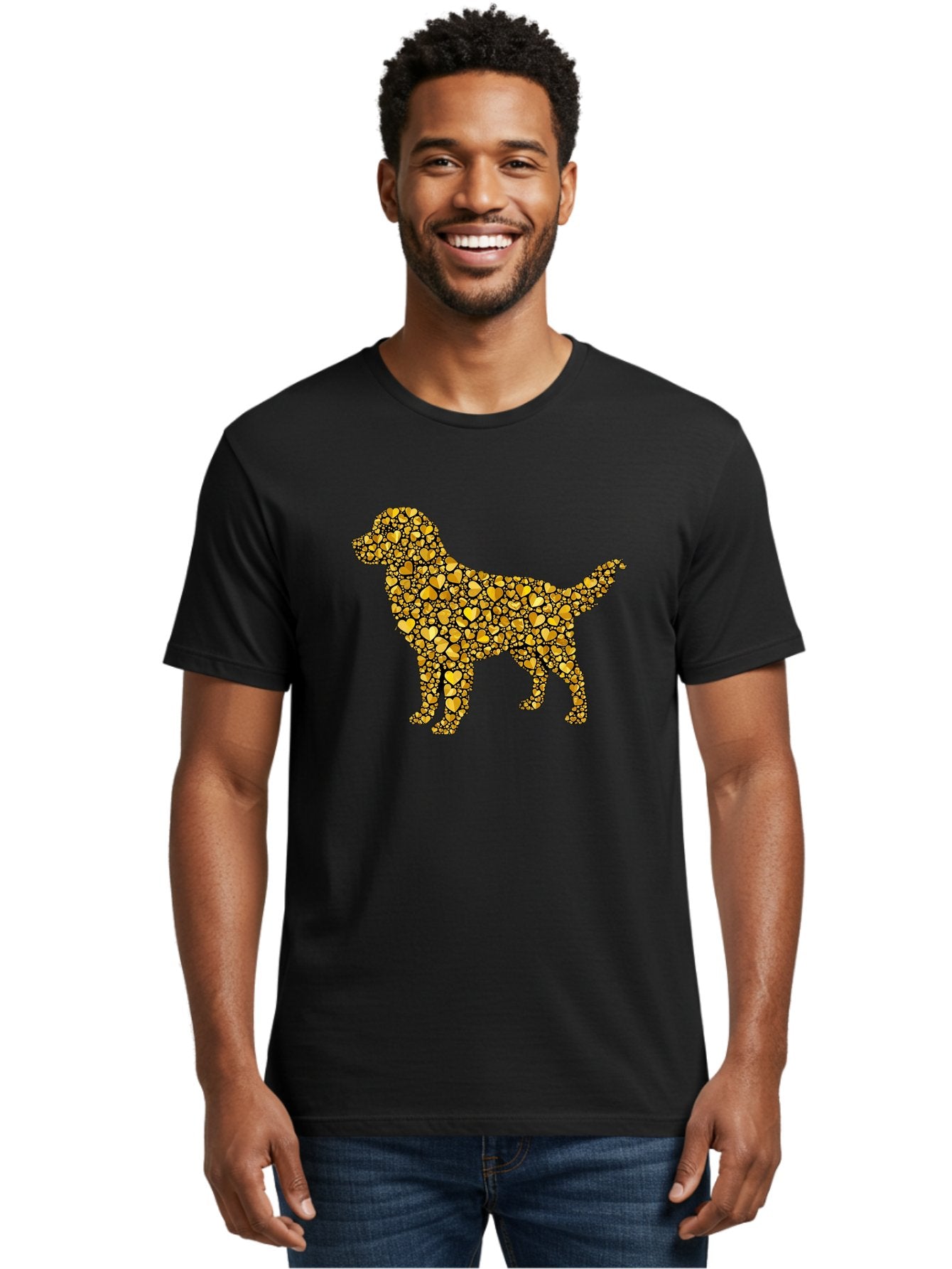 Dog-Golden-Hearts Men'S Graphic Tee, 100% Cotton, Comfortable Casual Summer Wear, Machine Washable, Dog Silhouette, Golden Hearts, Black Outlines, Animal Design, Heart Pattern, Golden Hues, Dog Shape, Heart-Filled Dog Bab860 26