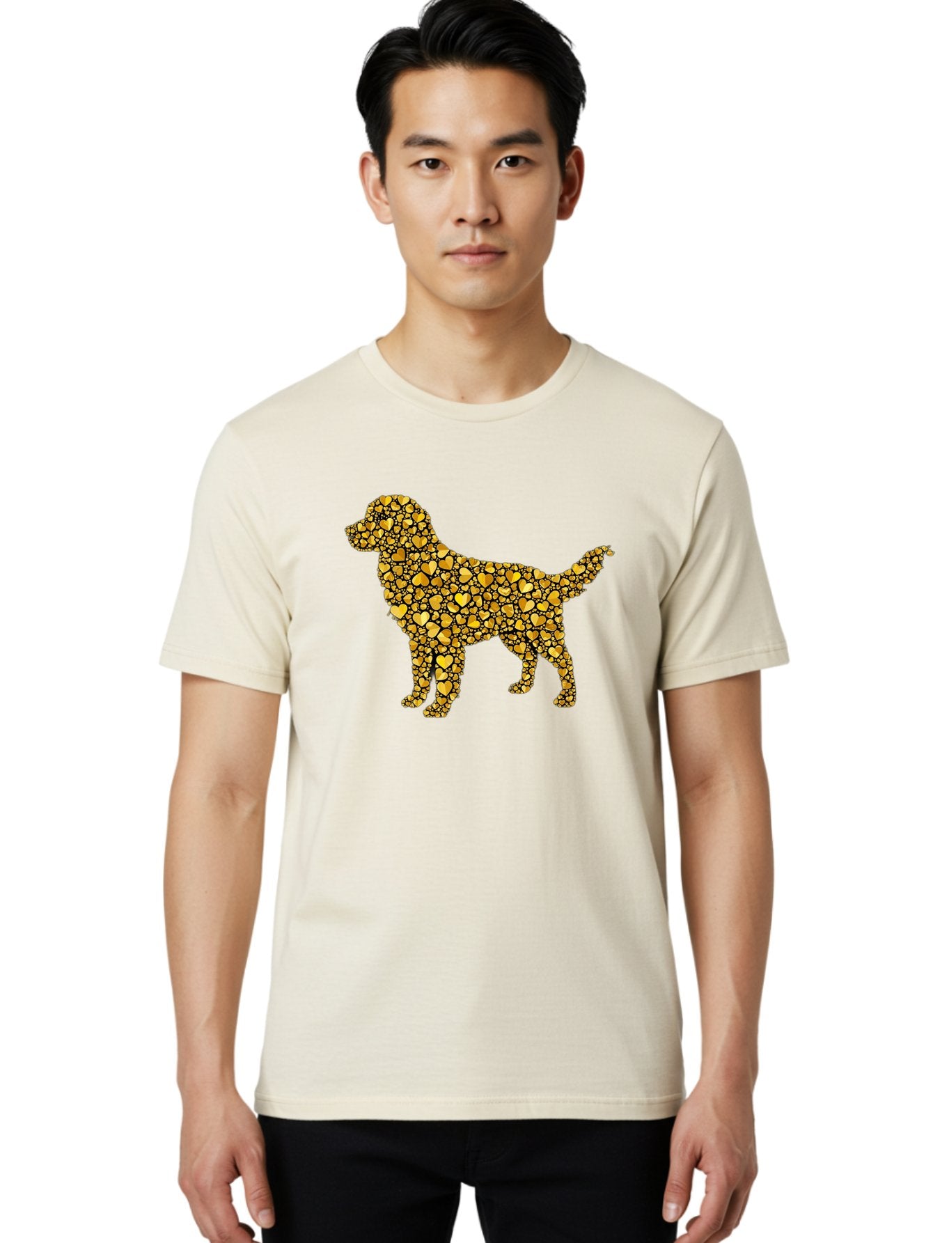 Dog-Golden-Hearts Men'S Graphic Tee, 100% Cotton, Comfortable Casual Summer Wear, Machine Washable, Dog Silhouette, Golden Hearts, Black Outlines, Animal Design, Heart Pattern, Golden Hues, Dog Shape, Heart-Filled Dog Bab860 30