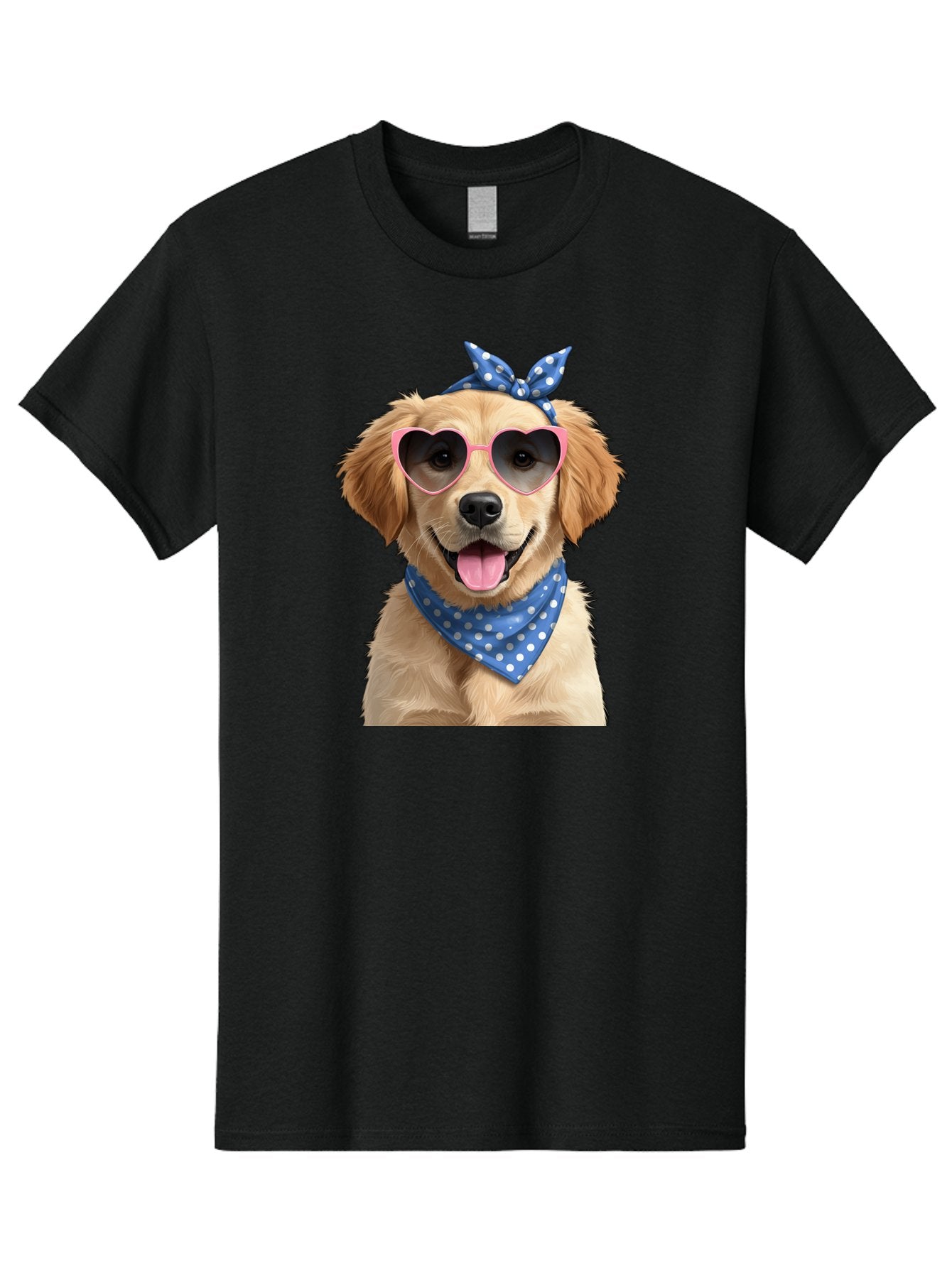 Dog-In-Sunglasses Men'S Graphic Tee, 100% Cotton, Comfortable Casual Summer Wear, Machine Washable, Golden Retriever Dog, Heart-Shaped Sunglasses, Blue Bandana, White Polka Dots, Pink Frames, Happy Dog, Playful Pet, Cute Animal, Funny Dog, Bab861 3