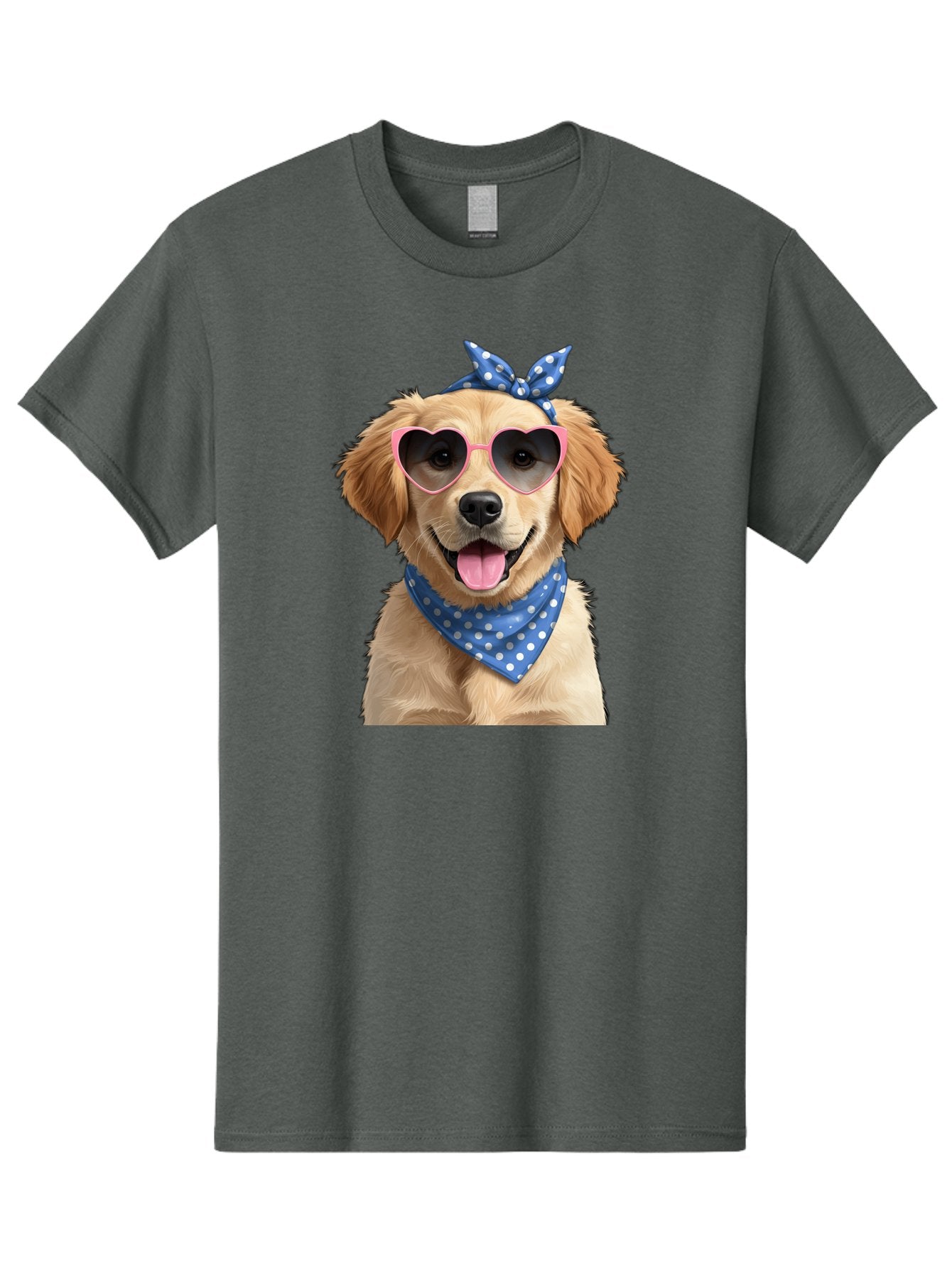 Dog-In-Sunglasses Men'S Graphic Tee, 100% Cotton, Comfortable Casual Summer Wear, Machine Washable, Golden Retriever Dog, Heart-Shaped Sunglasses, Blue Bandana, White Polka Dots, Pink Frames, Happy Dog, Playful Pet, Cute Animal, Funny Dog, Bab861 6