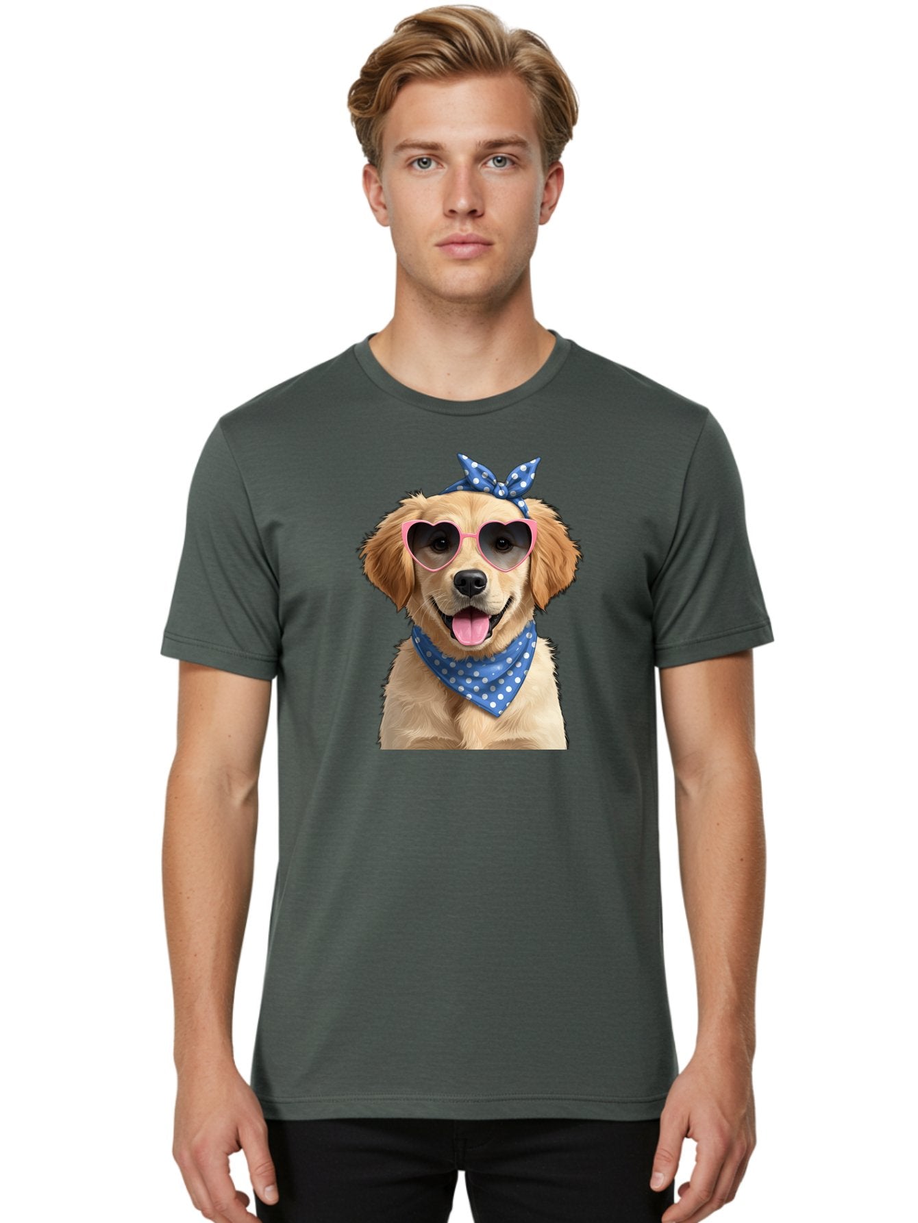 Dog-In-Sunglasses Men'S Graphic Tee, 100% Cotton, Comfortable Casual Summer Wear, Machine Washable, Golden Retriever Dog, Heart-Shaped Sunglasses, Blue Bandana, White Polka Dots, Pink Frames, Happy Dog, Playful Pet, Cute Animal, Funny Dog, Bab861 24