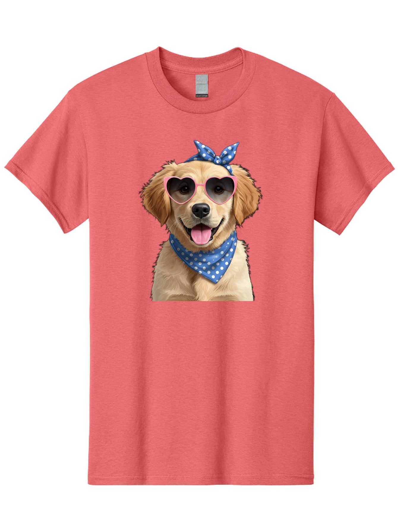 Dog-In-Sunglasses Men'S Graphic Tee, 100% Cotton, Comfortable Casual Summer Wear, Machine Washable, Golden Retriever Dog, Heart-Shaped Sunglasses, Blue Bandana, White Polka Dots, Pink Frames, Happy Dog, Playful Pet, Cute Animal, Funny Dog, Bab861 4
