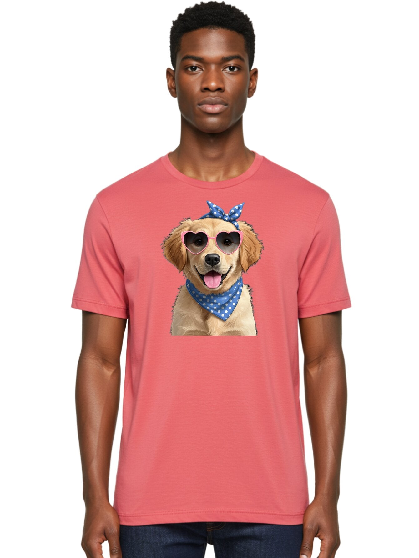 Dog-In-Sunglasses Men'S Graphic Tee, 100% Cotton, Comfortable Casual Summer Wear, Machine Washable, Golden Retriever Dog, Heart-Shaped Sunglasses, Blue Bandana, White Polka Dots, Pink Frames, Happy Dog, Playful Pet, Cute Animal, Funny Dog, Bab861 18