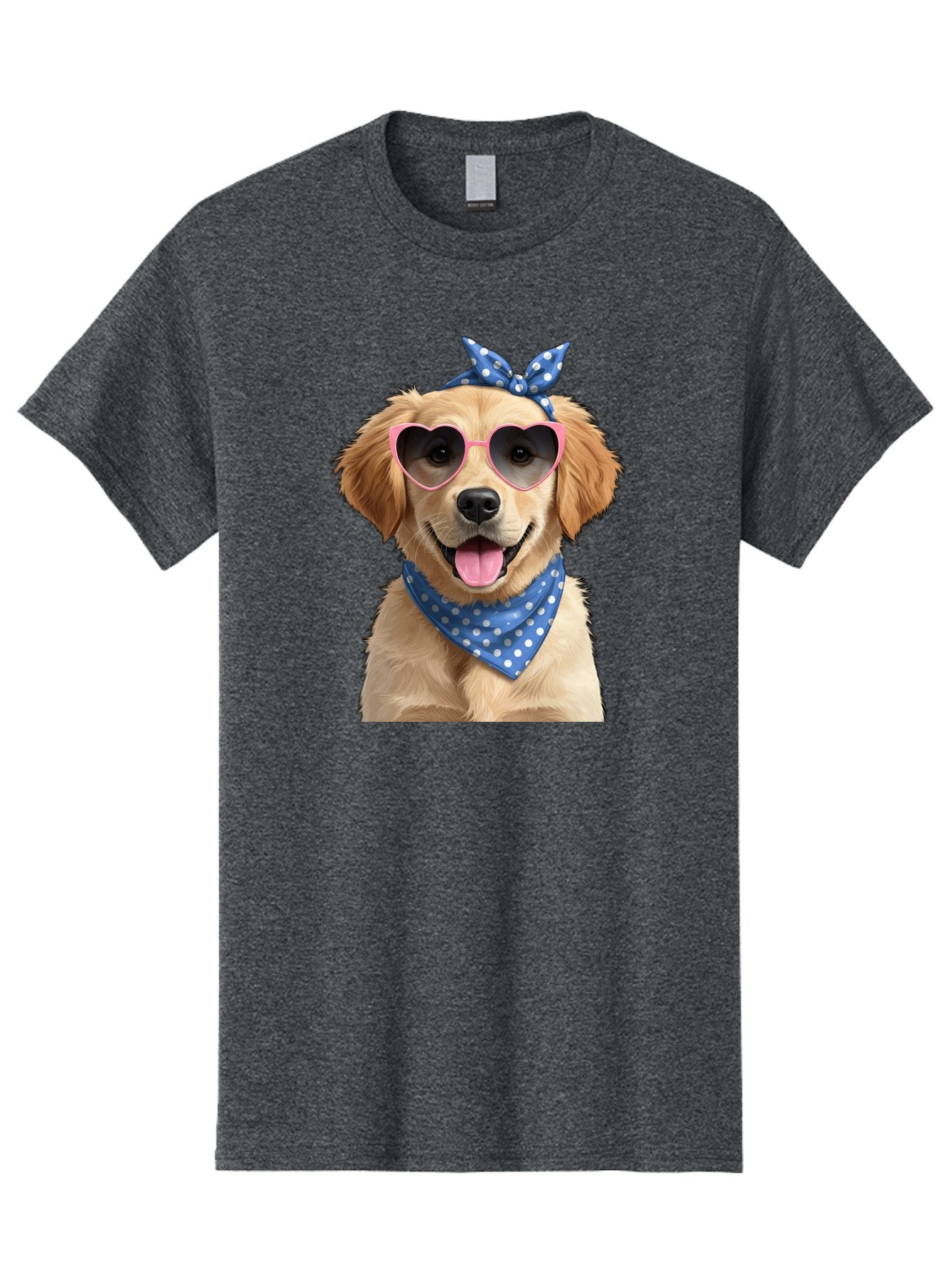 Dog-In-Sunglasses Men'S Graphic Tee, 100% Cotton, Comfortable Casual Summer Wear, Machine Washable, Golden Retriever Dog, Heart-Shaped Sunglasses, Blue Bandana, White Polka Dots, Pink Frames, Happy Dog, Playful Pet, Cute Animal, Funny Dog, Bab861 7