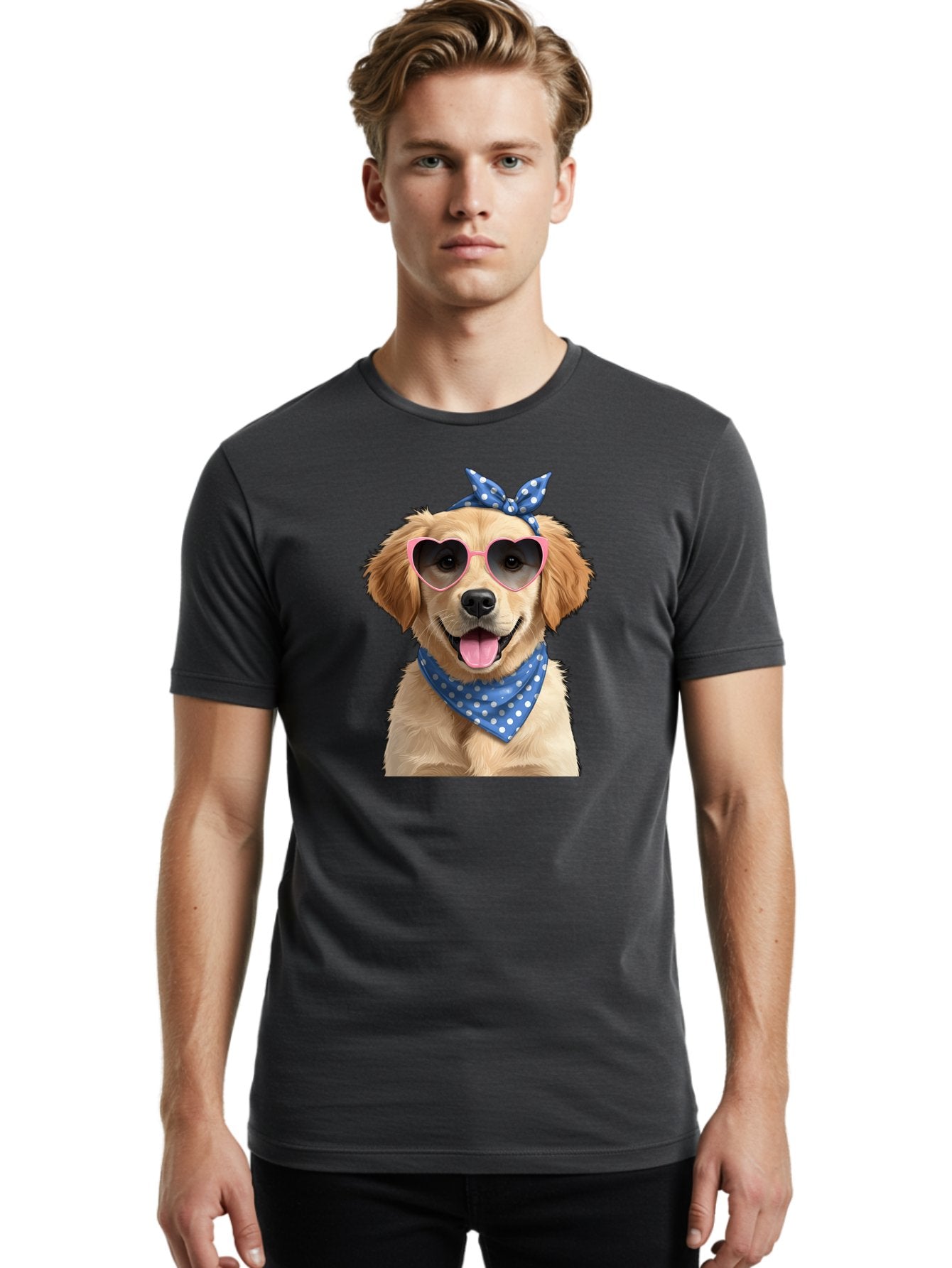 Dog-In-Sunglasses Men'S Graphic Tee, 100% Cotton, Comfortable Casual Summer Wear, Machine Washable, Golden Retriever Dog, Heart-Shaped Sunglasses, Blue Bandana, White Polka Dots, Pink Frames, Happy Dog, Playful Pet, Cute Animal, Funny Dog, Bab861 16