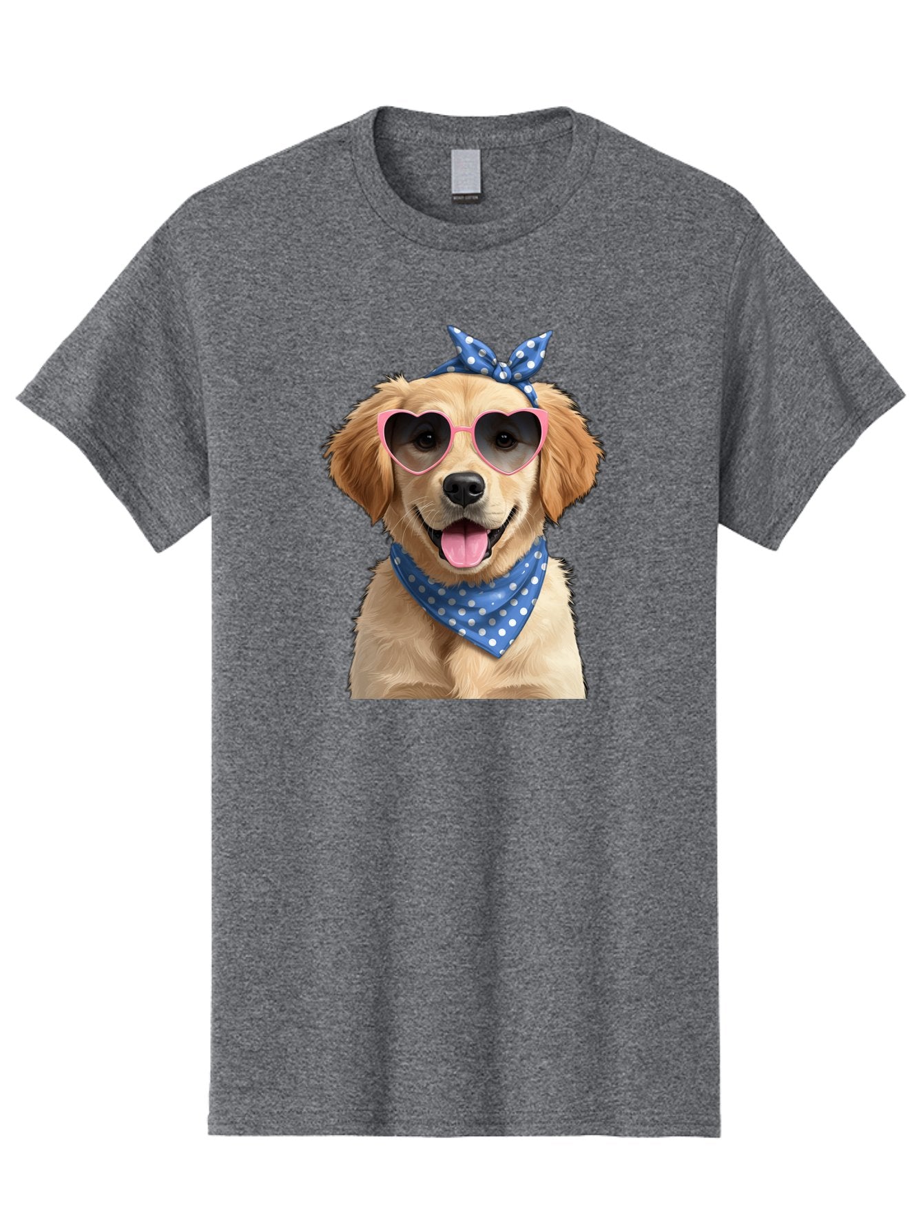 Dog-In-Sunglasses Men'S Graphic Tee, 100% Cotton, Comfortable Casual Summer Wear, Machine Washable, Golden Retriever Dog, Heart-Shaped Sunglasses, Blue Bandana, White Polka Dots, Pink Frames, Happy Dog, Playful Pet, Cute Animal, Funny Dog, Bab861 10