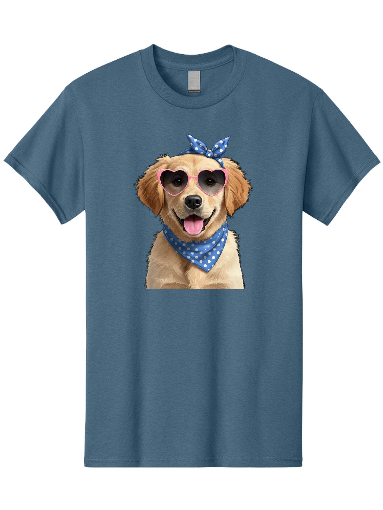 Dog-In-Sunglasses Men'S Graphic Tee, 100% Cotton, Comfortable Casual Summer Wear, Machine Washable, Golden Retriever Dog, Heart-Shaped Sunglasses, Blue Bandana, White Polka Dots, Pink Frames, Happy Dog, Playful Pet, Cute Animal, Funny Dog, Bab861 9