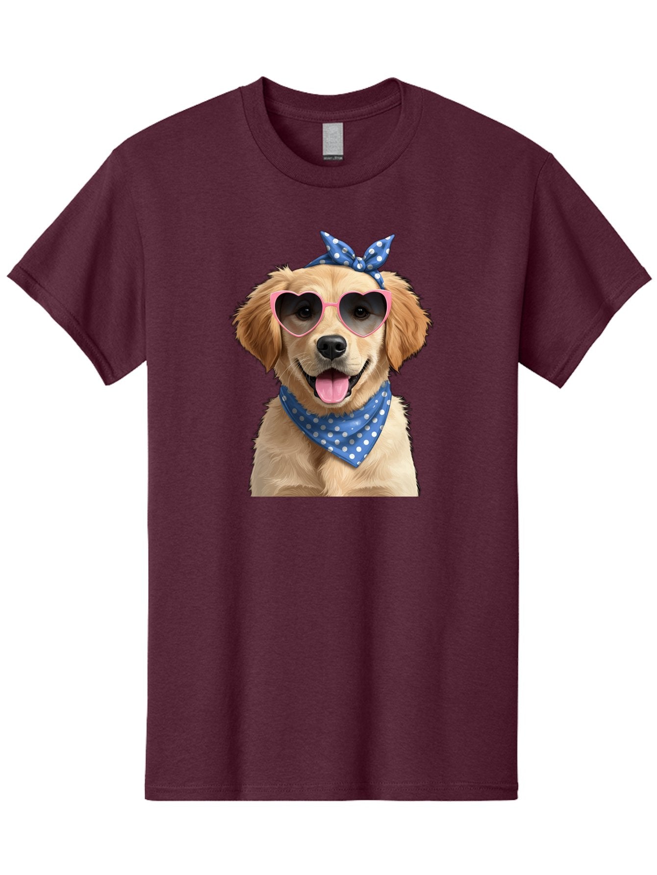 Dog-In-Sunglasses Men'S Graphic Tee, 100% Cotton, Comfortable Casual Summer Wear, Machine Washable, Golden Retriever Dog, Heart-Shaped Sunglasses, Blue Bandana, White Polka Dots, Pink Frames, Happy Dog, Playful Pet, Cute Animal, Funny Dog, Bab861