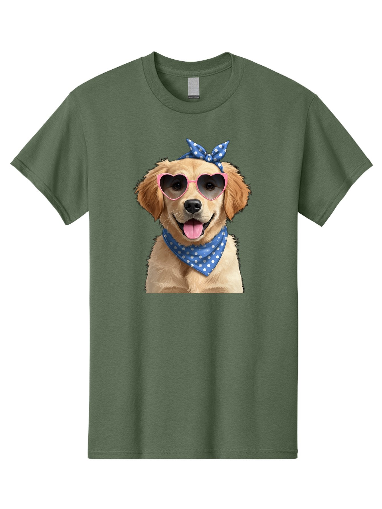 Dog-In-Sunglasses Men'S Graphic Tee, 100% Cotton, Comfortable Casual Summer Wear, Machine Washable, Golden Retriever Dog, Heart-Shaped Sunglasses, Blue Bandana, White Polka Dots, Pink Frames, Happy Dog, Playful Pet, Cute Animal, Funny Dog, Bab861 8