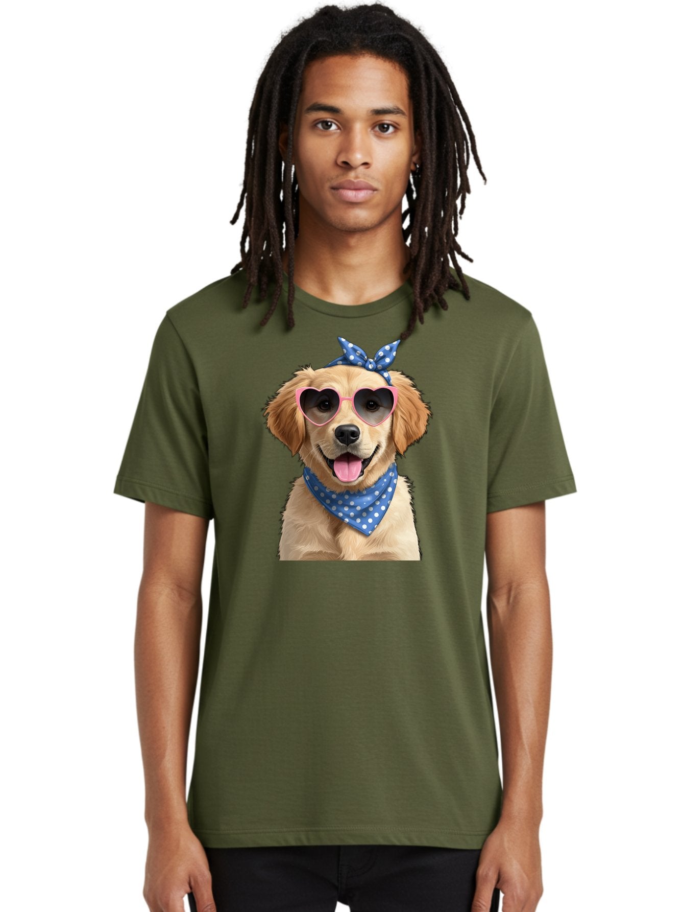 Dog-In-Sunglasses Men'S Graphic Tee, 100% Cotton, Comfortable Casual Summer Wear, Machine Washable, Golden Retriever Dog, Heart-Shaped Sunglasses, Blue Bandana, White Polka Dots, Pink Frames, Happy Dog, Playful Pet, Cute Animal, Funny Dog, Bab861 25