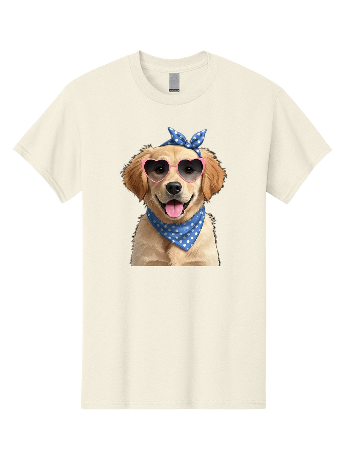 Dog-In-Sunglasses Men'S Graphic Tee, 100% Cotton, Comfortable Casual Summer Wear, Machine Washable, Golden Retriever Dog, Heart-Shaped Sunglasses, Blue Bandana, White Polka Dots, Pink Frames, Happy Dog, Playful Pet, Cute Animal, Funny Dog, Bab861 15