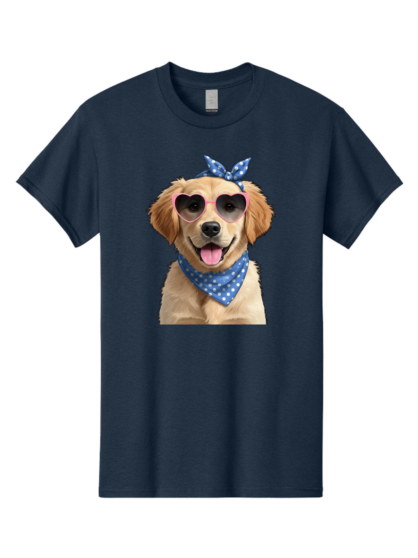 Dog-In-Sunglasses Men'S Graphic Tee, 100% Cotton, Comfortable Casual Summer Wear, Machine Washable, Golden Retriever Dog, Heart-Shaped Sunglasses, Blue Bandana, White Polka Dots, Pink Frames, Happy Dog, Playful Pet, Cute Animal, Funny Dog, Bab861 5