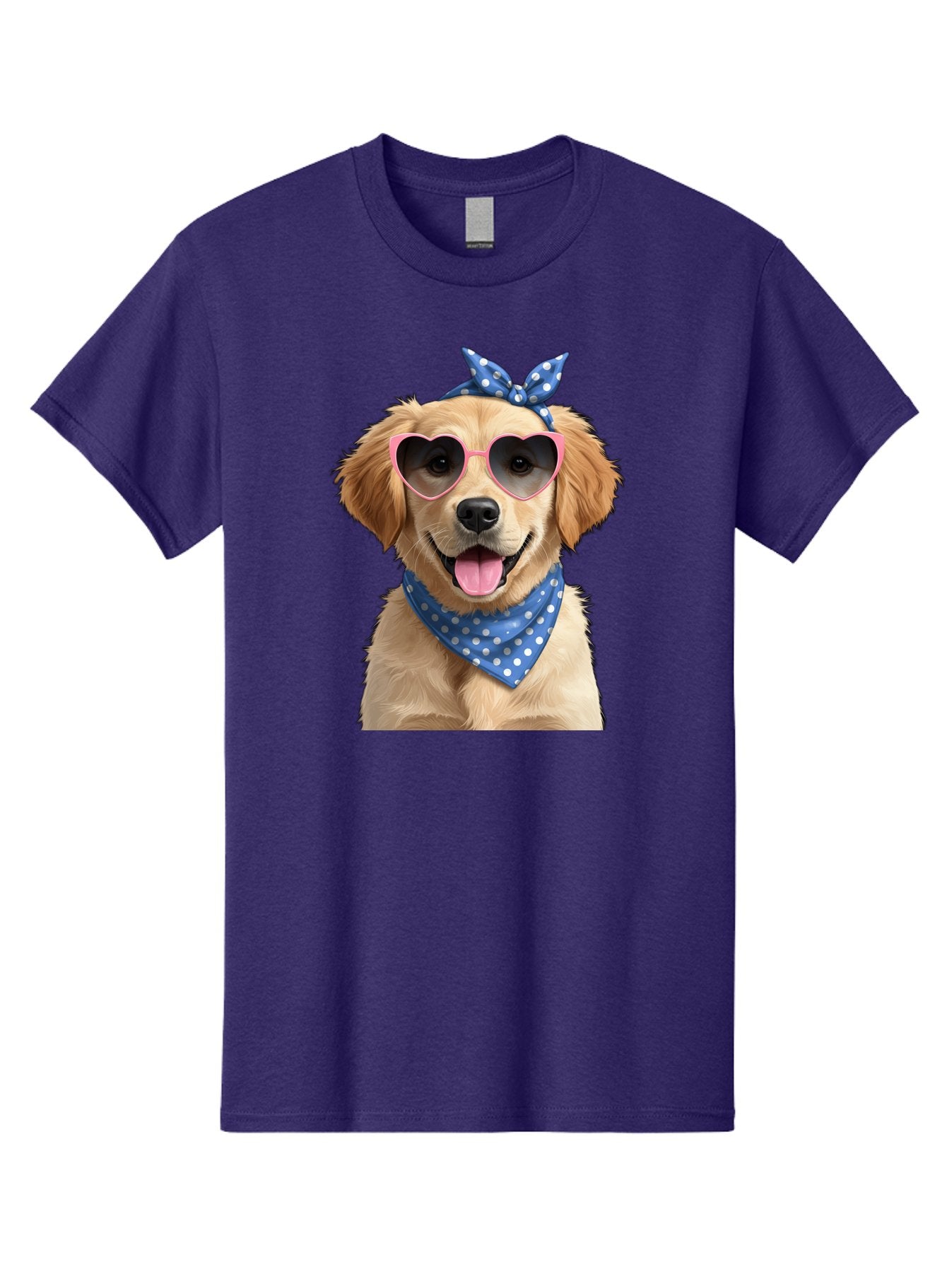 Dog-In-Sunglasses Men'S Graphic Tee, 100% Cotton, Comfortable Casual Summer Wear, Machine Washable, Golden Retriever Dog, Heart-Shaped Sunglasses, Blue Bandana, White Polka Dots, Pink Frames, Happy Dog, Playful Pet, Cute Animal, Funny Dog, Bab861 14