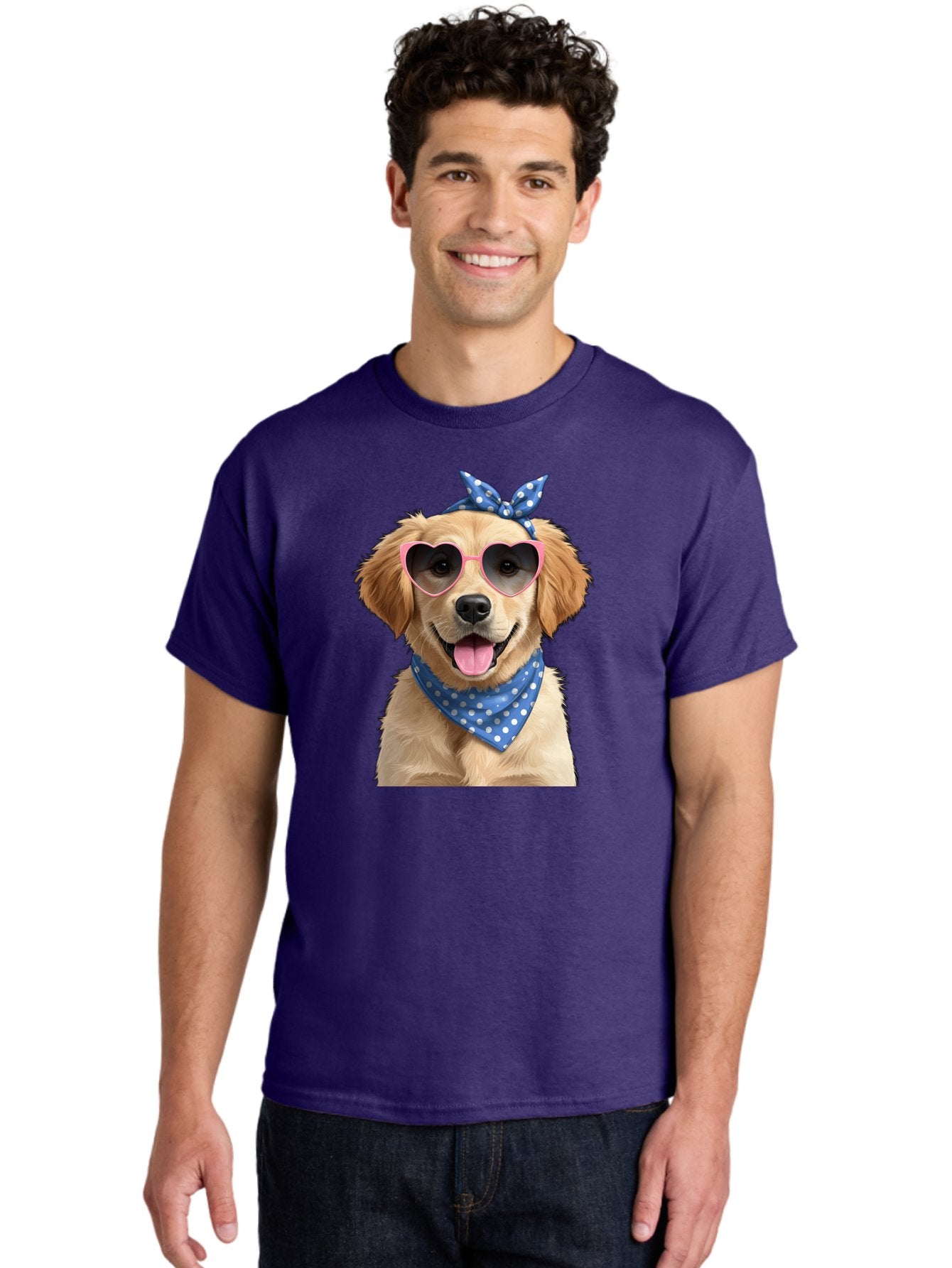 Dog-In-Sunglasses Men'S Graphic Tee, 100% Cotton, Comfortable Casual Summer Wear, Machine Washable, Golden Retriever Dog, Heart-Shaped Sunglasses, Blue Bandana, White Polka Dots, Pink Frames, Happy Dog, Playful Pet, Cute Animal, Funny Dog, Bab861 29