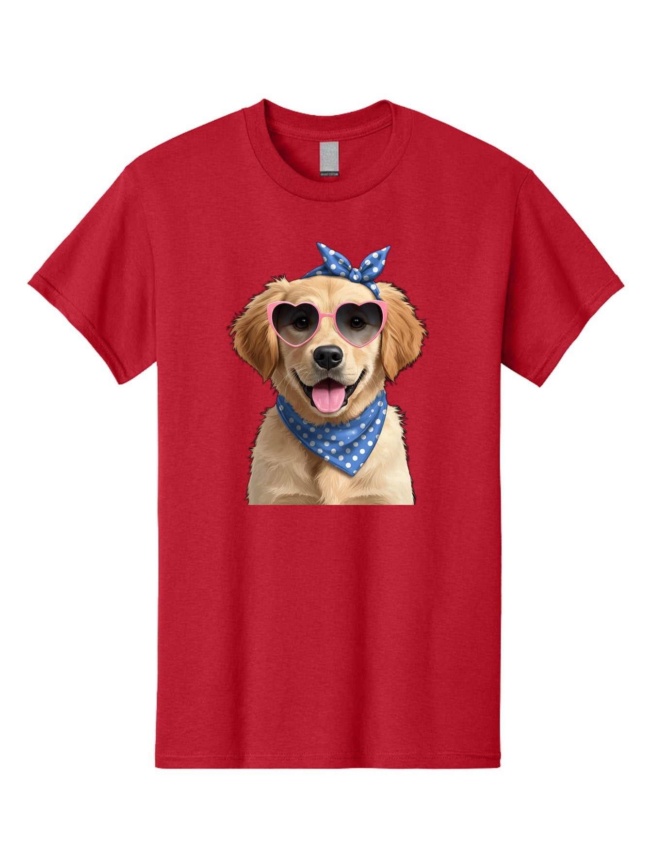 Dog-In-Sunglasses Men'S Graphic Tee, 100% Cotton, Comfortable Casual Summer Wear, Machine Washable, Golden Retriever Dog, Heart-Shaped Sunglasses, Blue Bandana, White Polka Dots, Pink Frames, Happy Dog, Playful Pet, Cute Animal, Funny Dog, Bab861 12