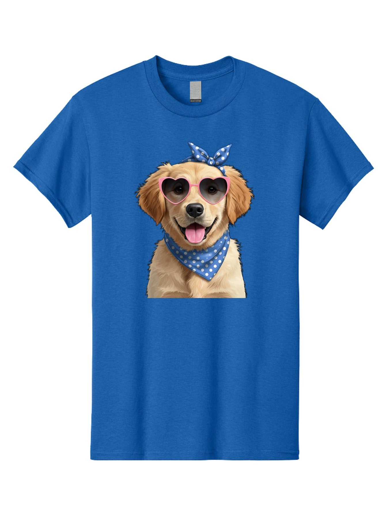 Dog-In-Sunglasses Men'S Graphic Tee, 100% Cotton, Comfortable Casual Summer Wear, Machine Washable, Golden Retriever Dog, Heart-Shaped Sunglasses, Blue Bandana, White Polka Dots, Pink Frames, Happy Dog, Playful Pet, Cute Animal, Funny Dog, Bab861 11
