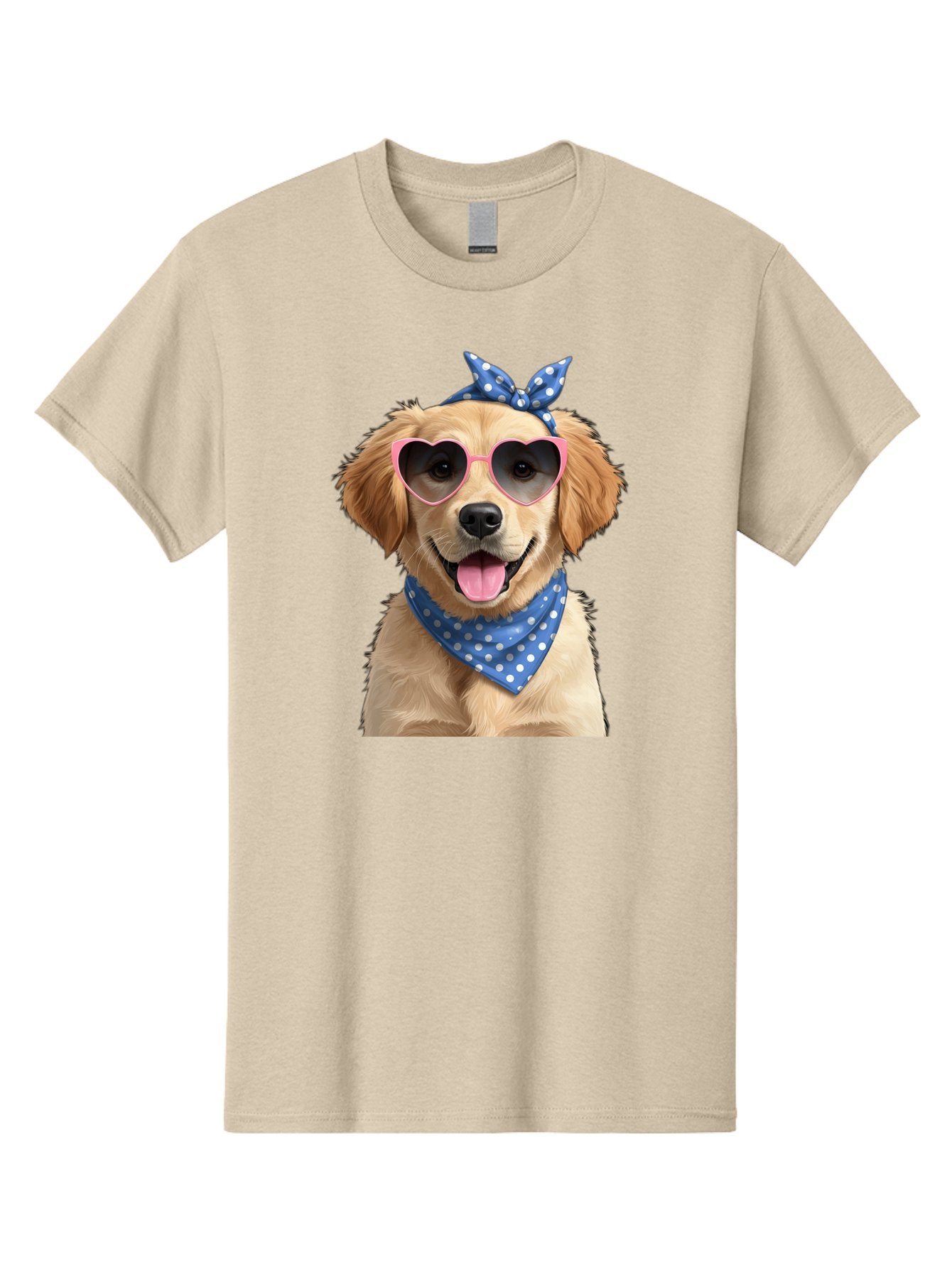 Dog-In-Sunglasses Men'S Graphic Tee, 100% Cotton, Comfortable Casual Summer Wear, Machine Washable, Golden Retriever Dog, Heart-Shaped Sunglasses, Blue Bandana, White Polka Dots, Pink Frames, Happy Dog, Playful Pet, Cute Animal, Funny Dog, Bab861 13