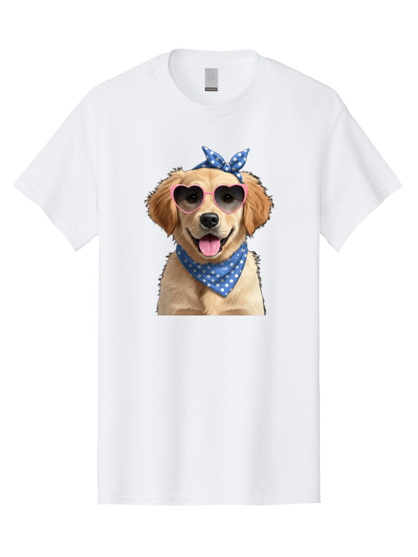 Dog-In-Sunglasses Men'S Graphic Tee, 100% Cotton, Comfortable Casual Summer Wear, Machine Washable, Golden Retriever Dog, Heart-Shaped Sunglasses, Blue Bandana, White Polka Dots, Pink Frames, Happy Dog, Playful Pet, Cute Animal, Funny Dog, Bab861