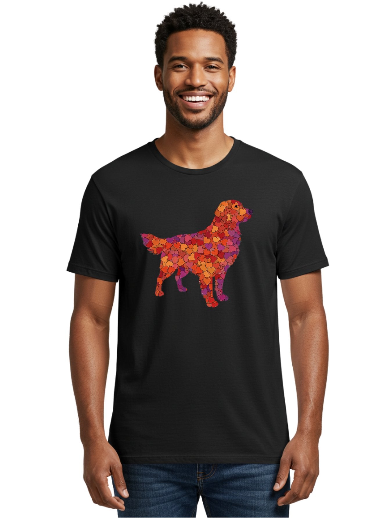 Dog-Mosaic Men'S Graphic Tee, 100% Cotton, Comfortable Casual Summer Wear, Machine Washable, Colorful Dog Silhouette, Heart-Shaped Mosaic, Orange, Red, Purple Hues, Abstract Dog Art, Vibrant Dog Design, Mosaic Art, Heart Pattern, Bab862 27