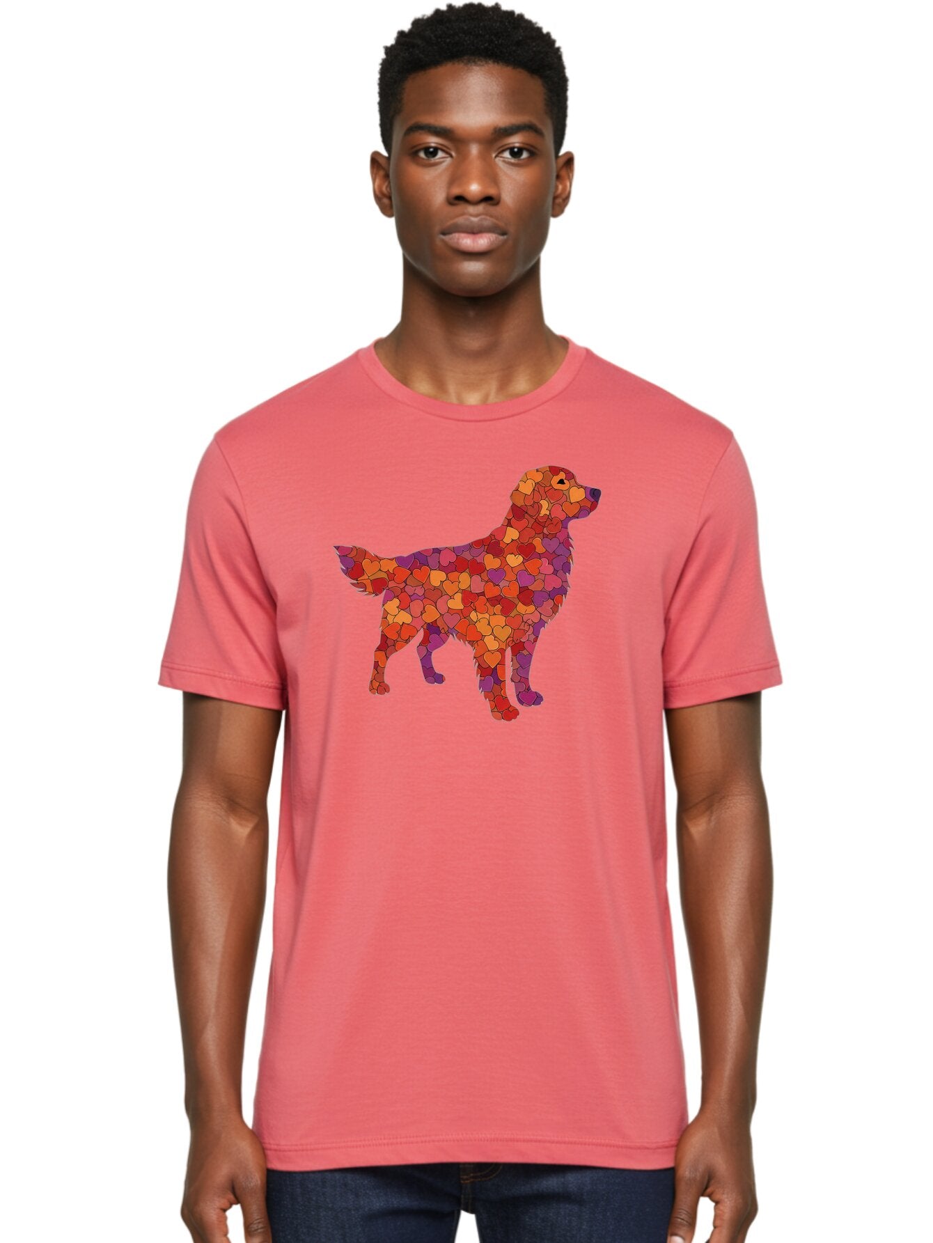 Dog-Mosaic Men'S Graphic Tee, 100% Cotton, Comfortable Casual Summer Wear, Machine Washable, Colorful Dog Silhouette, Heart-Shaped Mosaic, Orange, Red, Purple Hues, Abstract Dog Art, Vibrant Dog Design, Mosaic Art, Heart Pattern, Bab862 19