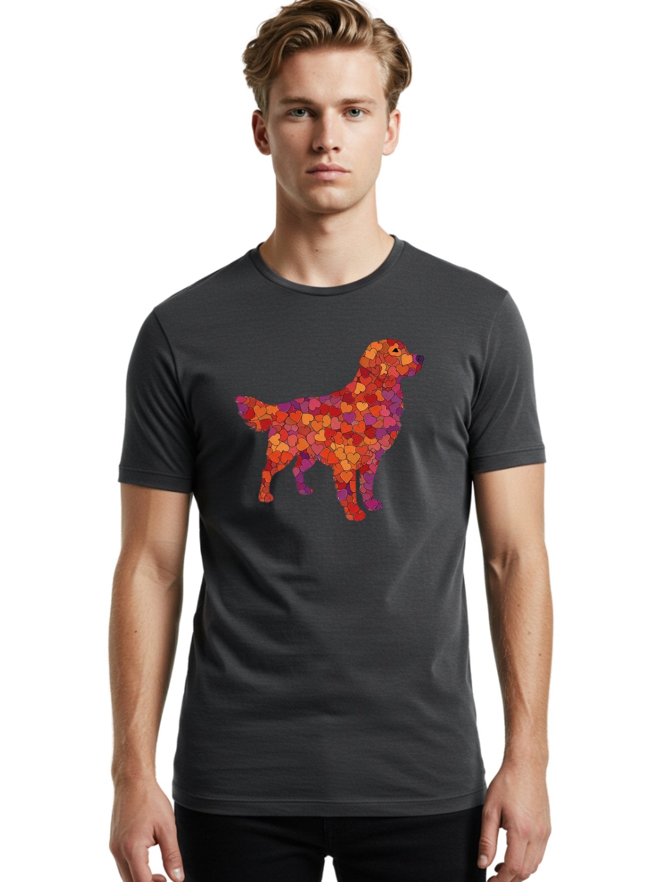 Dog-Mosaic Men'S Graphic Tee, 100% Cotton, Comfortable Casual Summer Wear, Machine Washable, Colorful Dog Silhouette, Heart-Shaped Mosaic, Orange, Red, Purple Hues, Abstract Dog Art, Vibrant Dog Design, Mosaic Art, Heart Pattern, Bab862 18