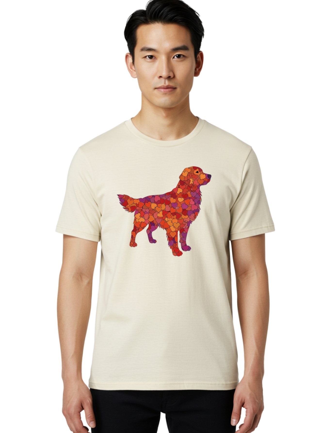Dog-Mosaic Men'S Graphic Tee, 100% Cotton, Comfortable Casual Summer Wear, Machine Washable, Colorful Dog Silhouette, Heart-Shaped Mosaic, Orange, Red, Purple Hues, Abstract Dog Art, Vibrant Dog Design, Mosaic Art, Heart Pattern, Bab862 21