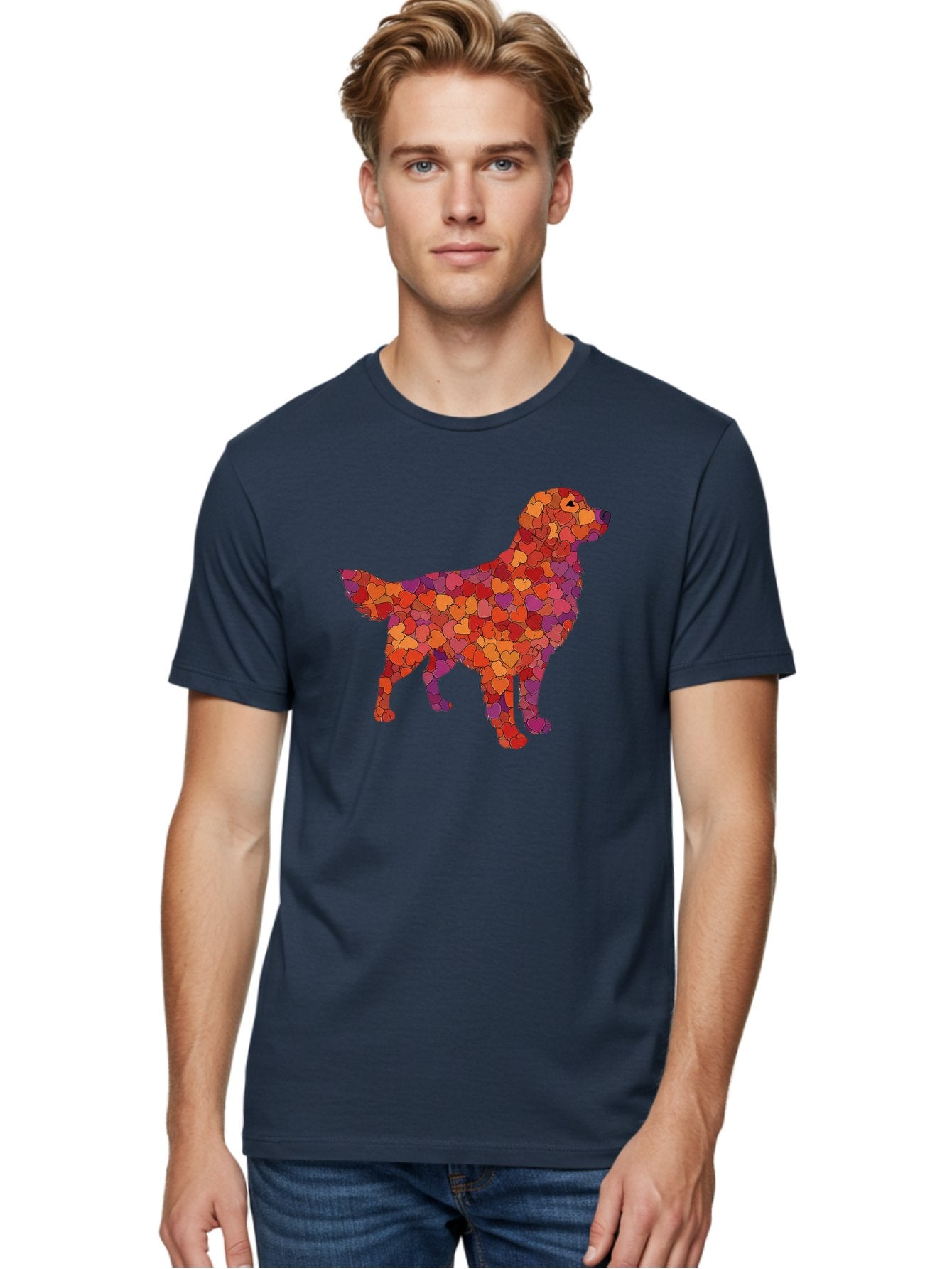 Dog-Mosaic Men'S Graphic Tee, 100% Cotton, Comfortable Casual Summer Wear, Machine Washable, Colorful Dog Silhouette, Heart-Shaped Mosaic, Orange, Red, Purple Hues, Abstract Dog Art, Vibrant Dog Design, Mosaic Art, Heart Pattern, Bab862 25